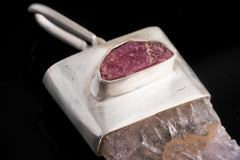 Beautiful Amethyst Geode Slice adorend with Raw Gem Ruby - Matt Brushed Sterling Silver - Crystal Pendant Neckpiece NO.7