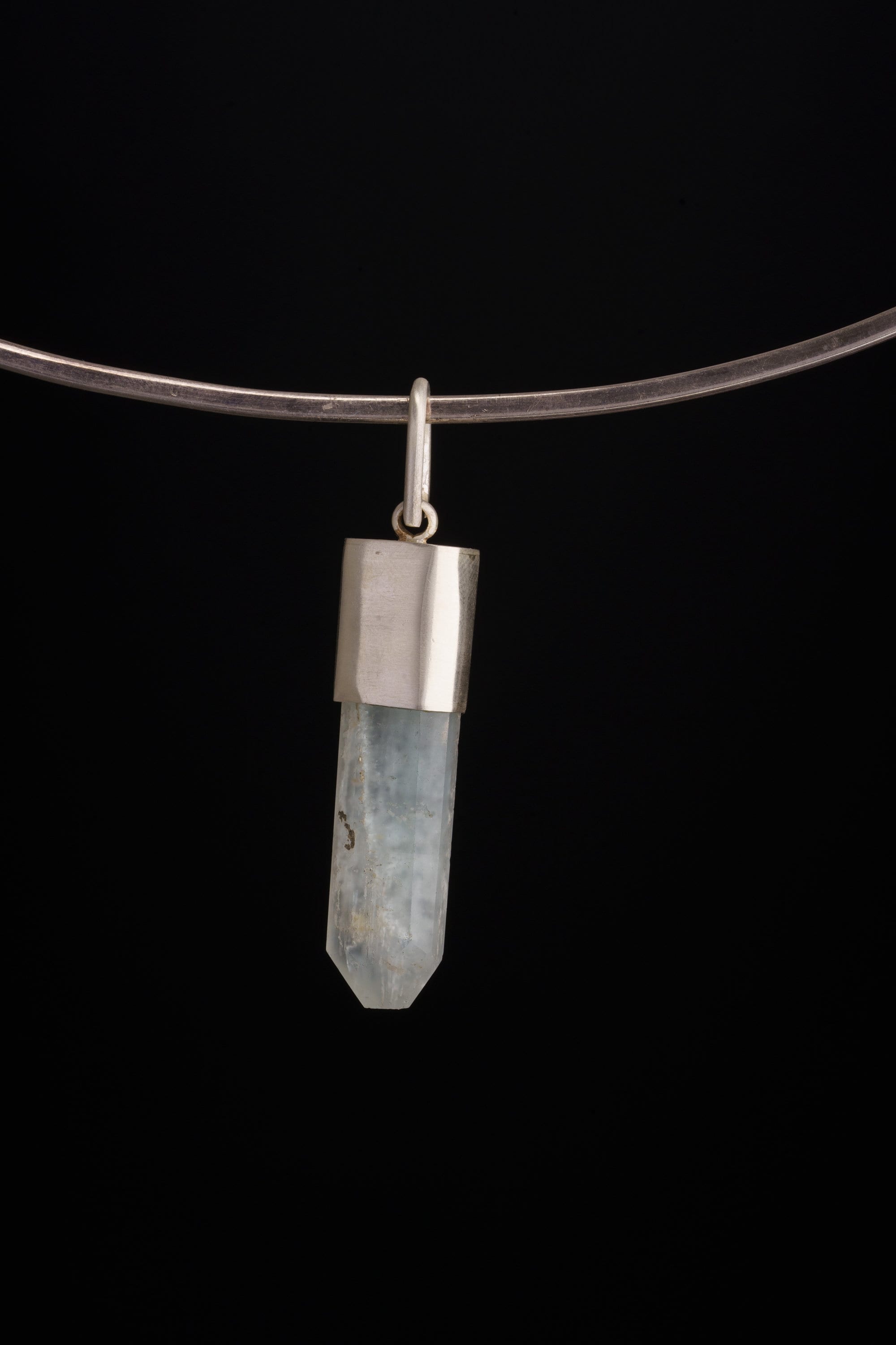 Gorgeous Polished Aquamarine, American Herkimer Diamond - Matt Brushed Sterling Silver - Crystal Pendant Neckpiece NO.8