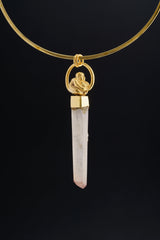 Natural Strawberry Quartz Point - Gold Plated Sterling Silver set - Big Round Buddha - Crystal Pendant