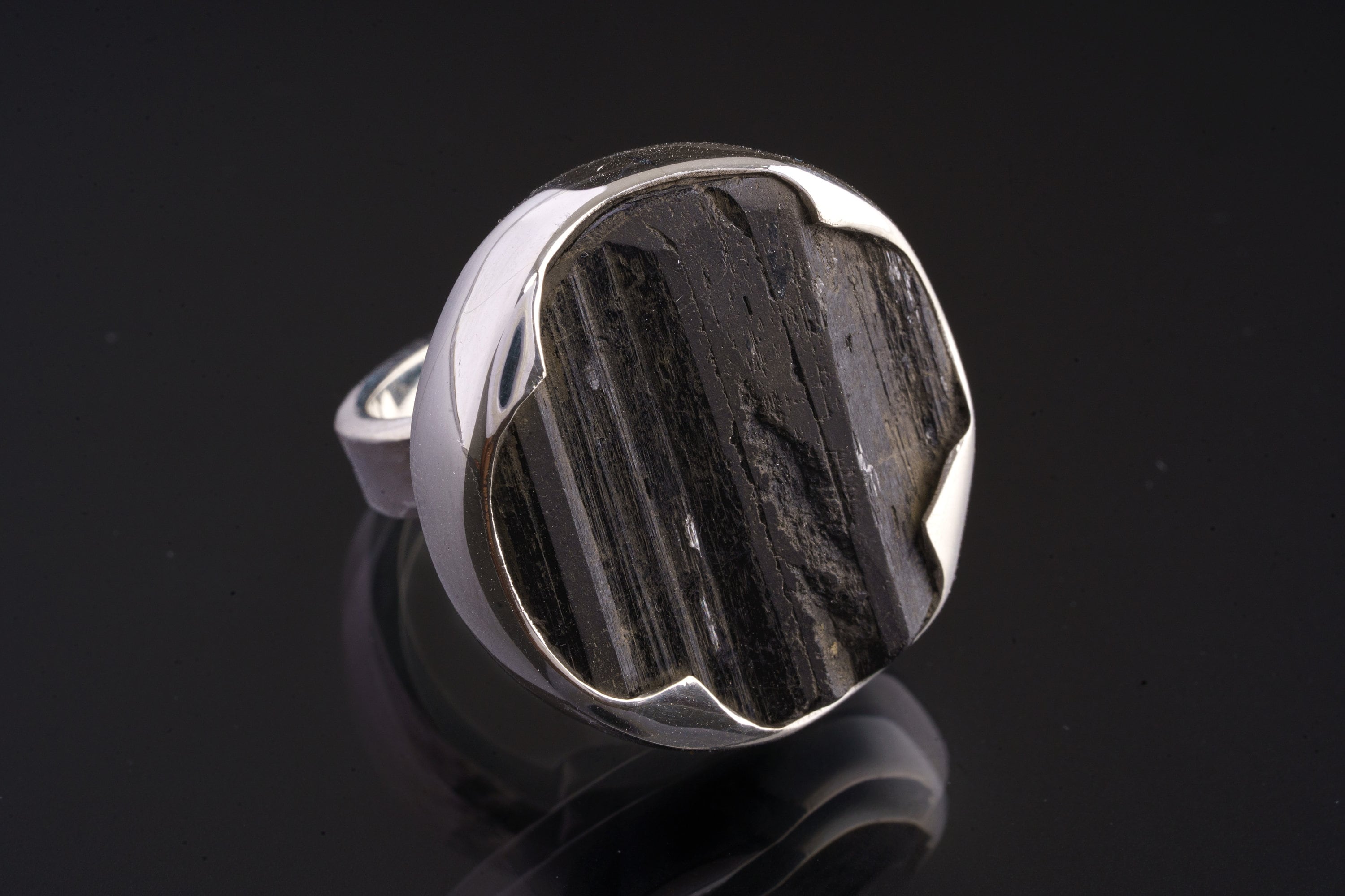 Chunky Round Raw Black Tourmaline - Adjustable Crystal Ring - Textured Band and beze - Size 4 - 12 US