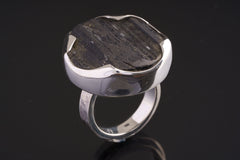 Chunky Round Raw Black Tourmaline - Adjustable Crystal Ring - Textured Band and beze - Size 4 - 12 US