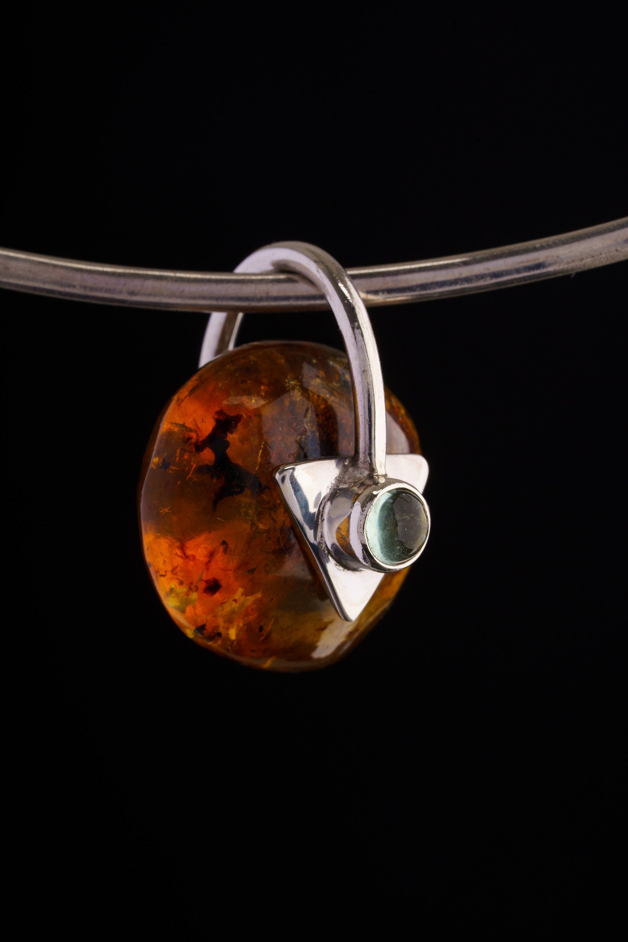 Luminous Dance – Mexican Amber & Aquamarine – Spinning Sterling Silver Pendant – NO/2