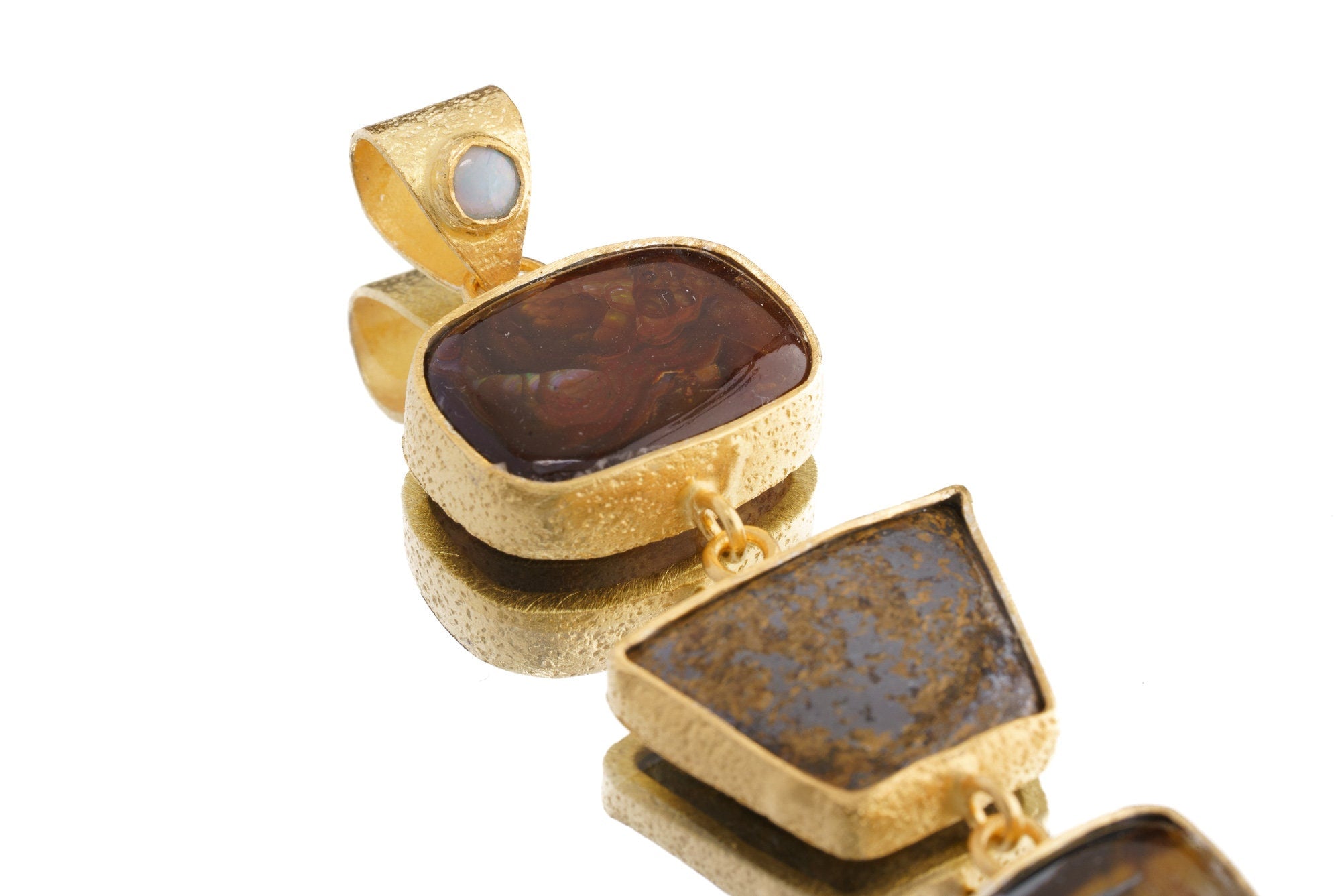 Flame & Feline - Fire Agate, Bronzite, Tiger's Eye - Exotic Fusion in 18 Carat Gold-Plated Textured Sterling Silver NO/12
