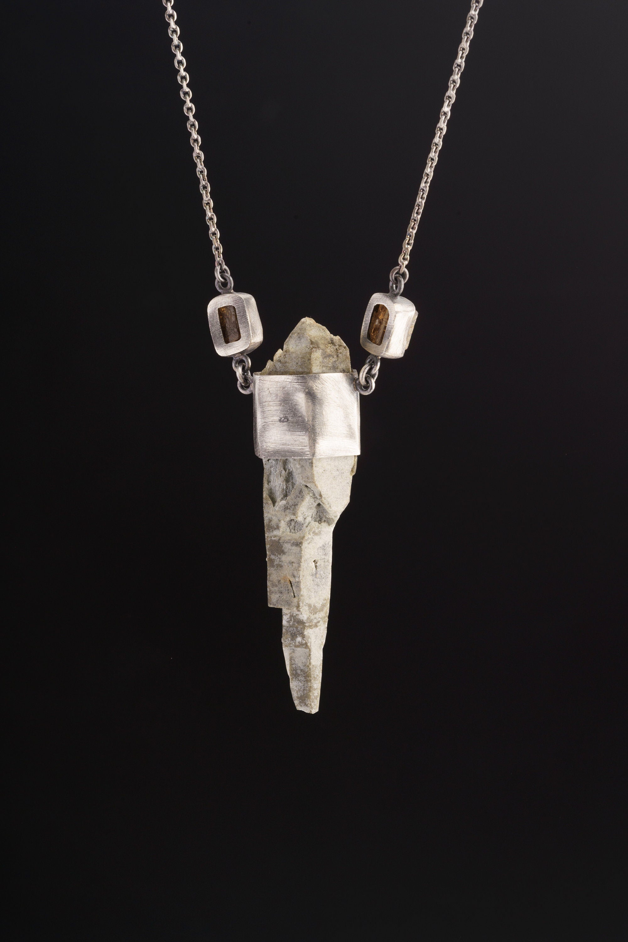 Himalayan Harmony Faceted Emerald, Dravite Tourmaline & Skeletal DT Chloride Quartz Pendant in Oxidized Sterling Silver