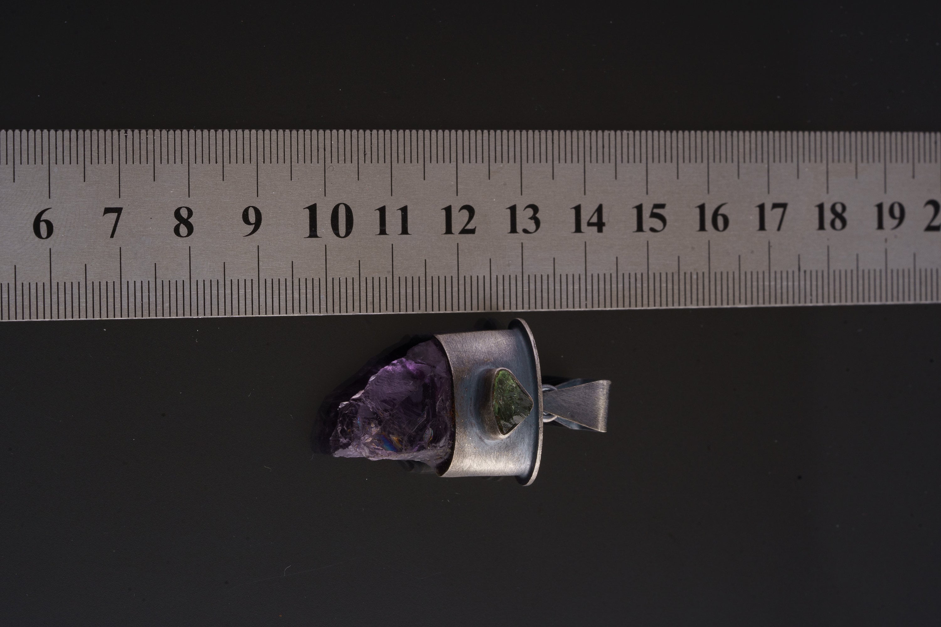Raw Harmony - Tooth Like Facet Grade Amethyst & Green Gem Raw Tourmaline - Rustic Brush Texture Oxidised Sterling Silver - Crystal Pendant