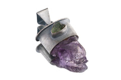 Raw Harmony - Tooth Like Facet Grade Amethyst & Green Gem Raw Tourmaline - Rustic Brush Texture Oxidised Sterling Silver - Crystal Pendant