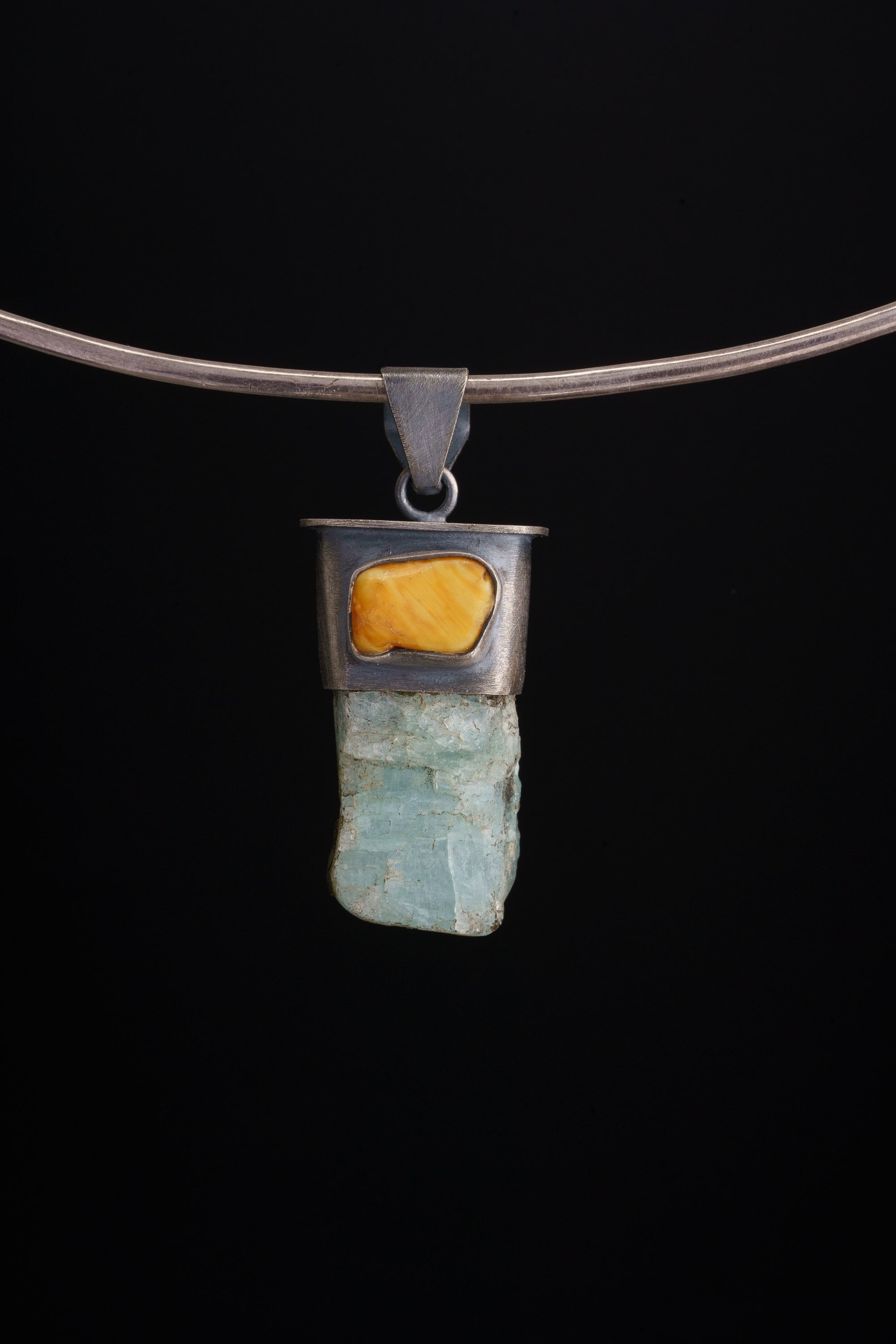 Heavy-Set Oxidised Sterling Silver Pendant with Hand-Sourced Australian Aquamarine & Baltic Amber Accents - A Rustic Tribute to Sea and Sun