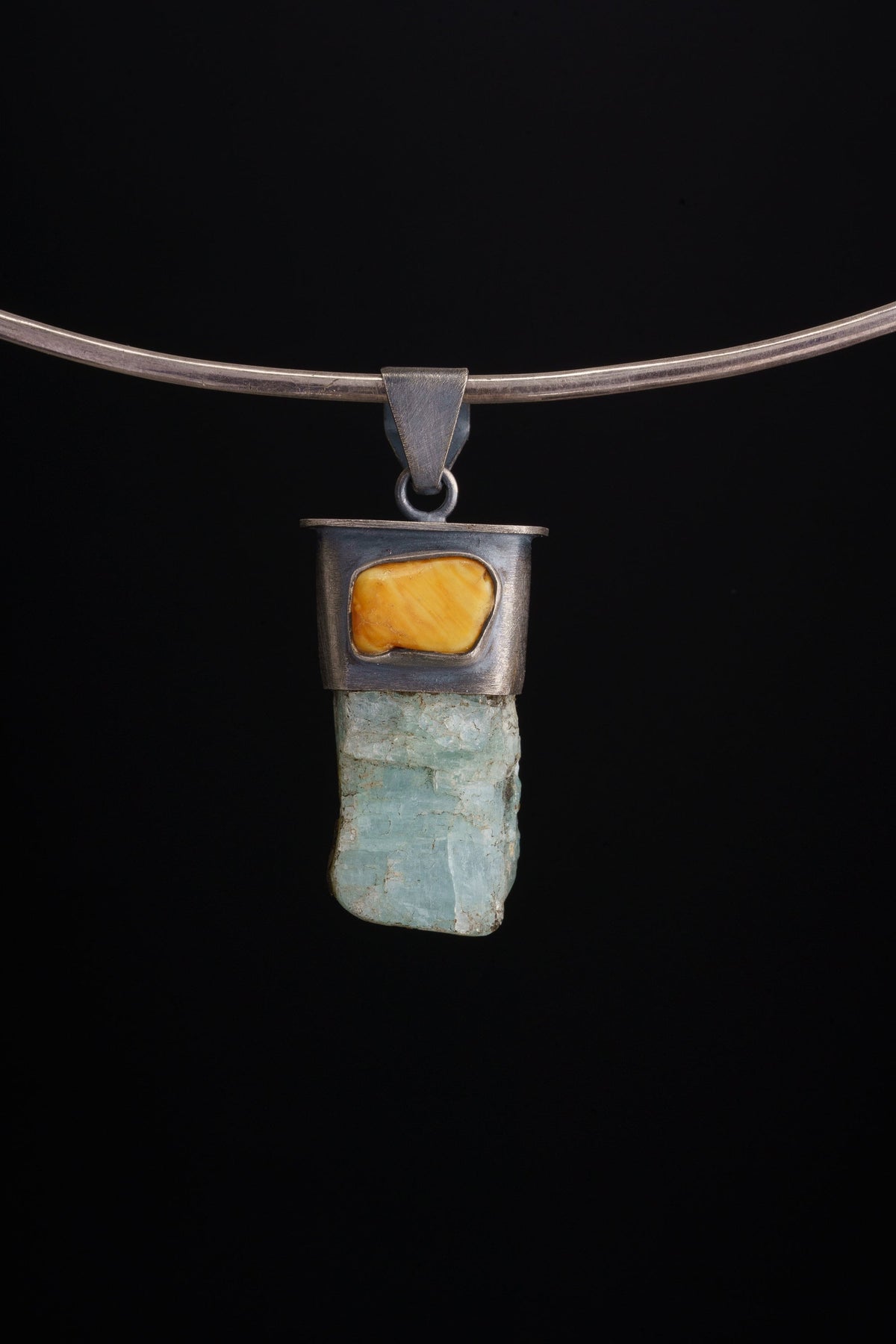 Heavy-Set Oxidised Sterling Silver Pendant with Hand-Sourced Australian Aquamarine & Baltic Amber Accents - A Rustic Tribute to Sea and Sun