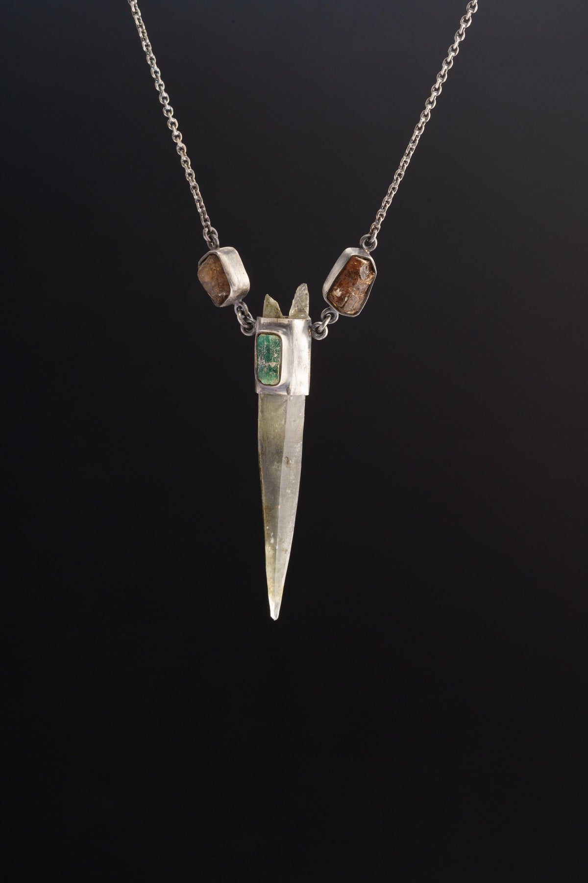 Emerald Matrix - Optical Clear Himalayan Inclusion Quartz with Australian Emerald and Dravite Tourmaline in Oxidized Sterling Silver Pendant