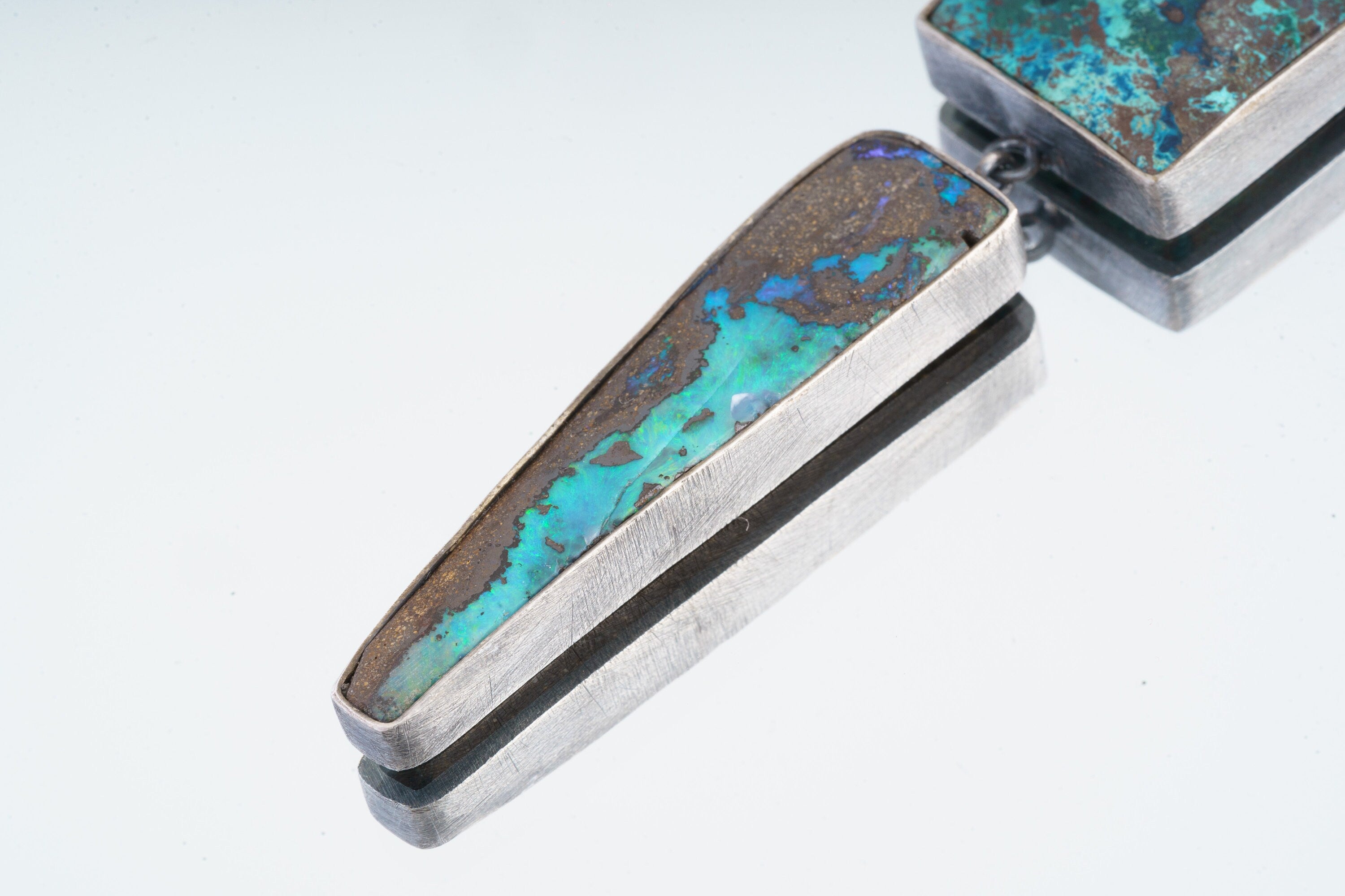 Azure Enigma - Australian Boulder Opal, Chrysocolla, Aqua Apatite in Textured Oxidized Sterling Silver Pendant