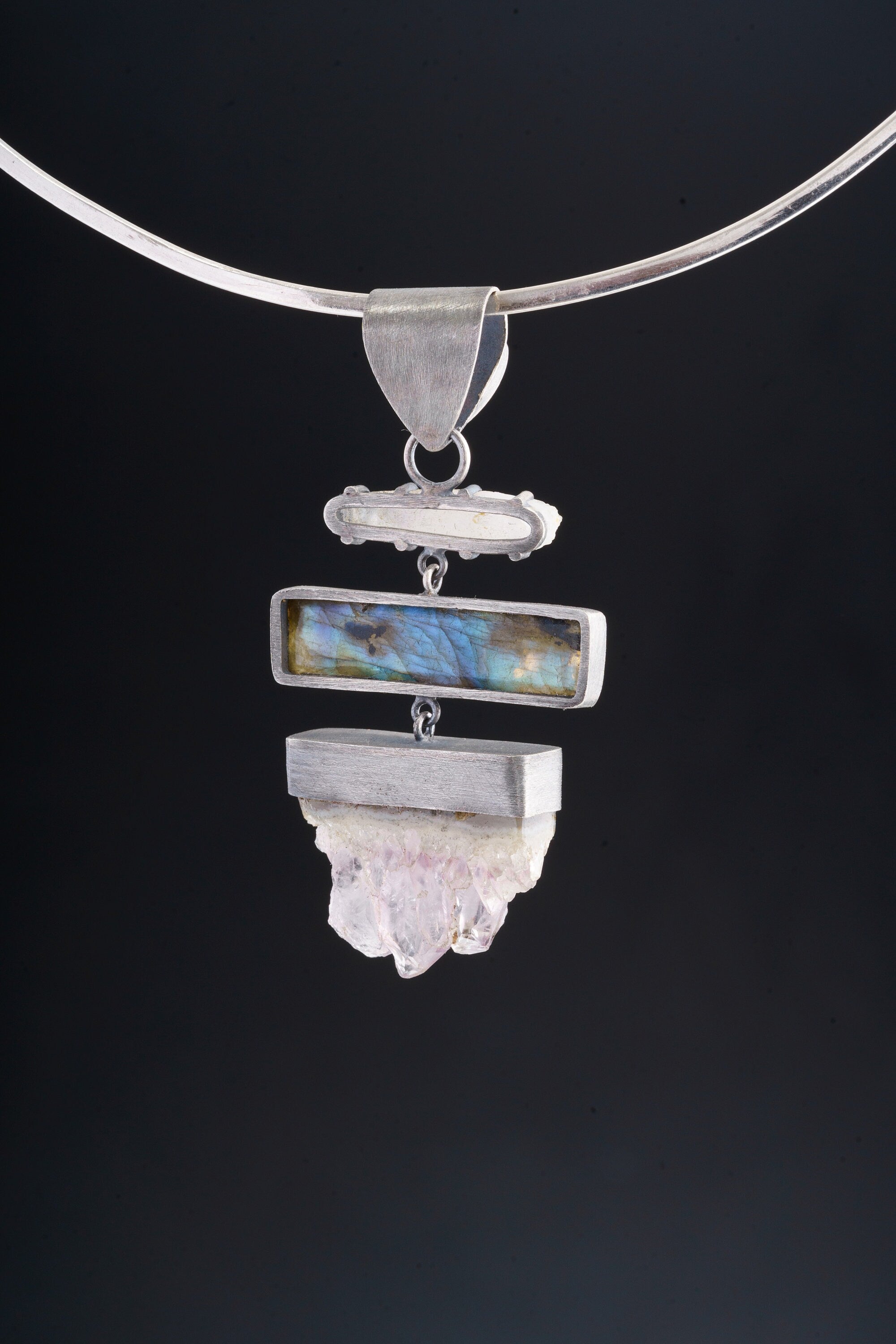 Vibrant Harmony - Amethyst Geode, Labradorite, Lemurian Quartz, and Ethiopian Opal in Textured Oxidized Sterling Silver Pendant