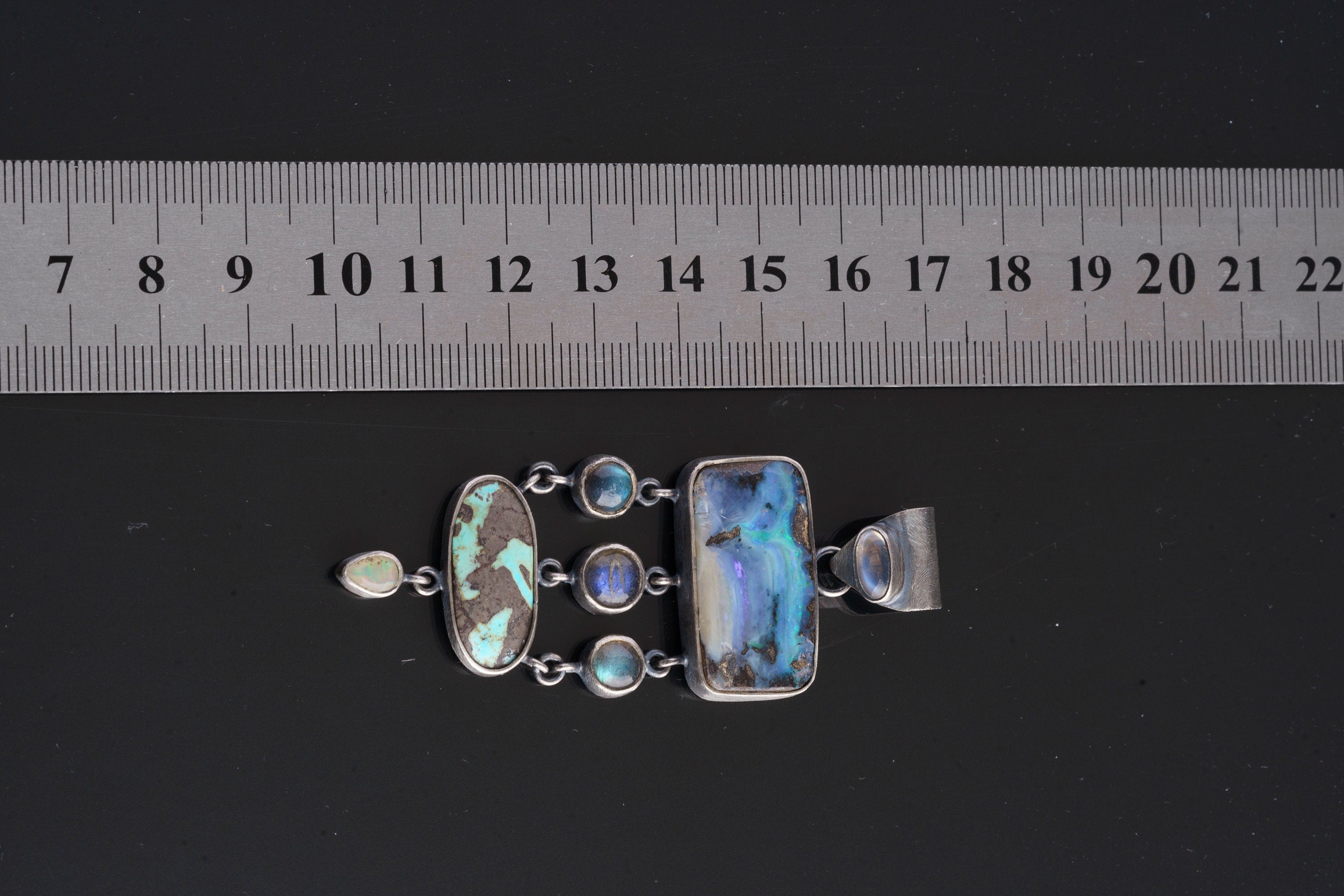 Ocean's Symphony - Australian Opal, Labradorite, Royston Turquoise, Ethiopian Opal & Moonstone in Textured Oxidized Sterling Silver Pendant