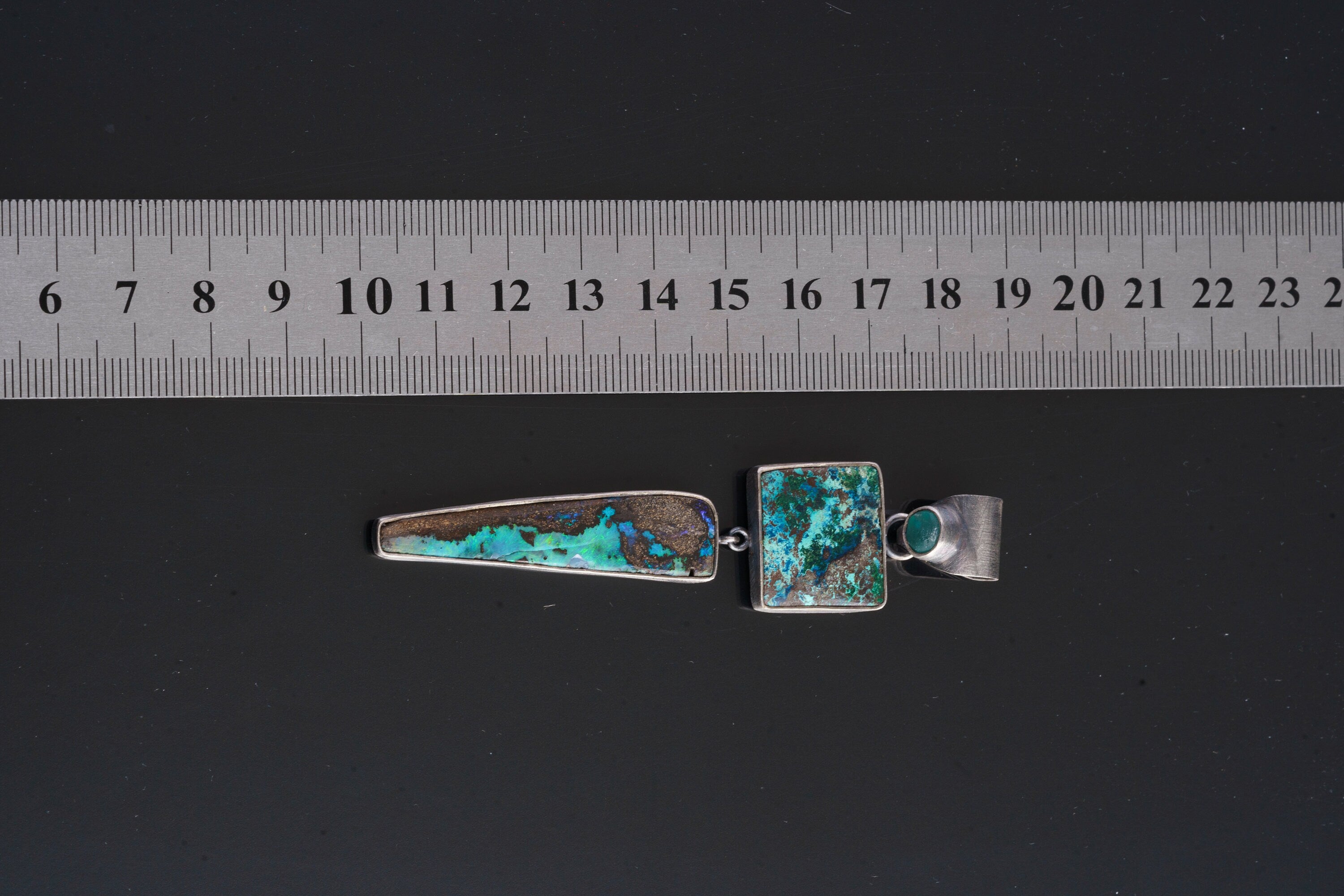 Azure Enigma - Australian Boulder Opal, Chrysocolla, Aqua Apatite in Textured Oxidized Sterling Silver Pendant