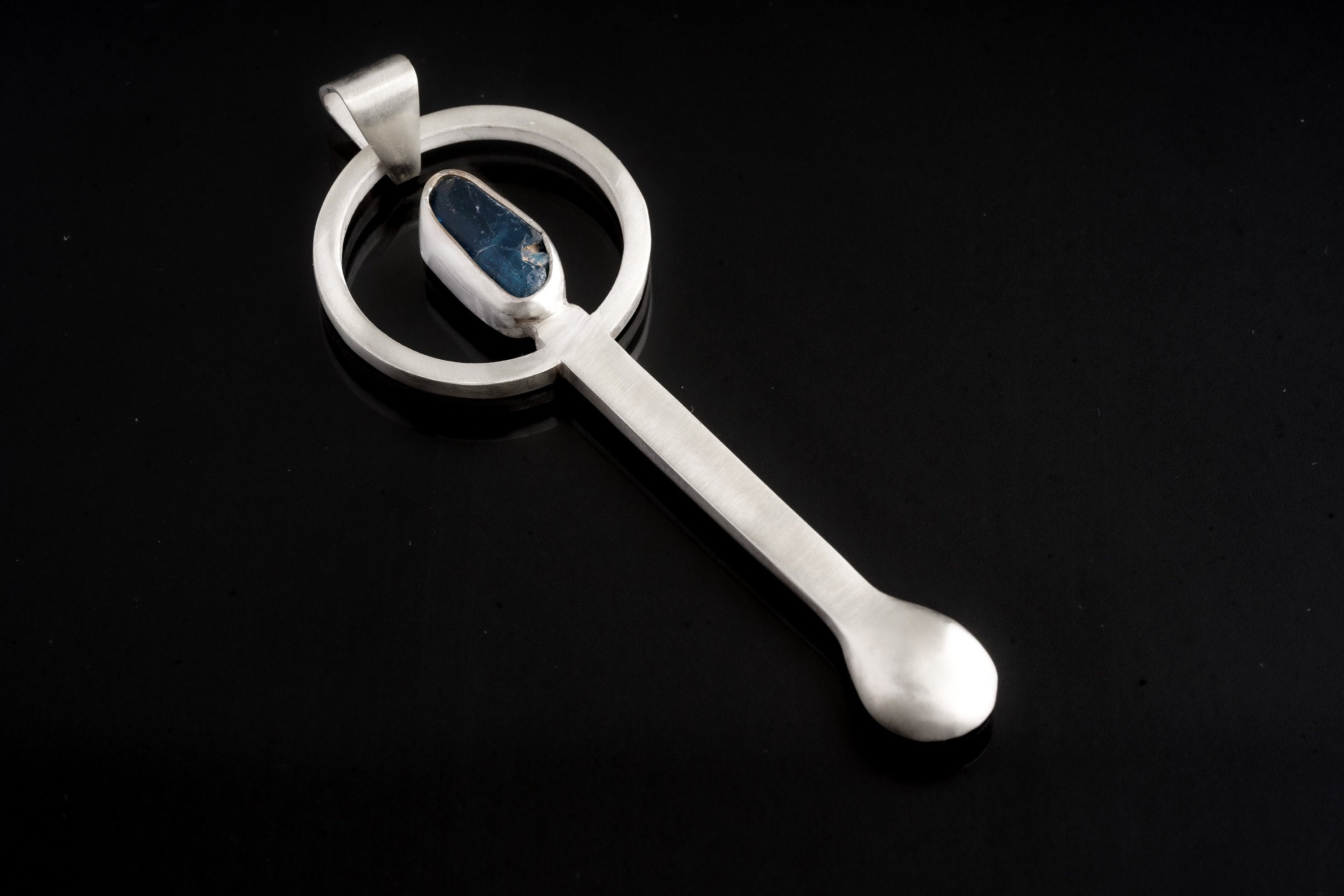 Rough Double Terminated Blue Gem Apatite - Spice / Ceremonial Spoon - 925 Cast Silver - Unique BushTexture - Crystal Pendant Necklace -