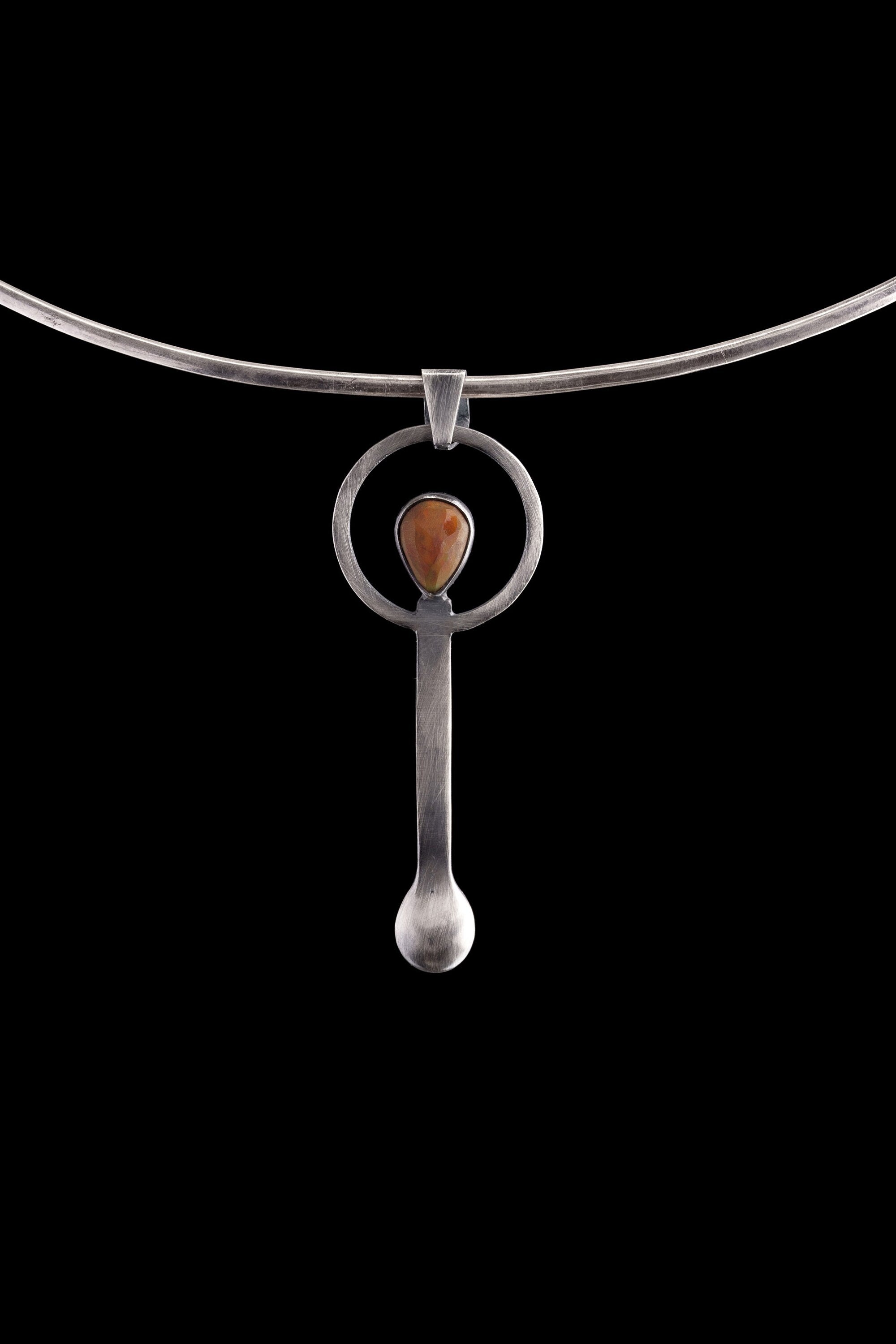 Fiery Ethiopian Opal Teardrop - Small Spice Spoon - Solid 925 Cast Silver - Oxidised & Brushed Texture - Crystal Pendant Necklace