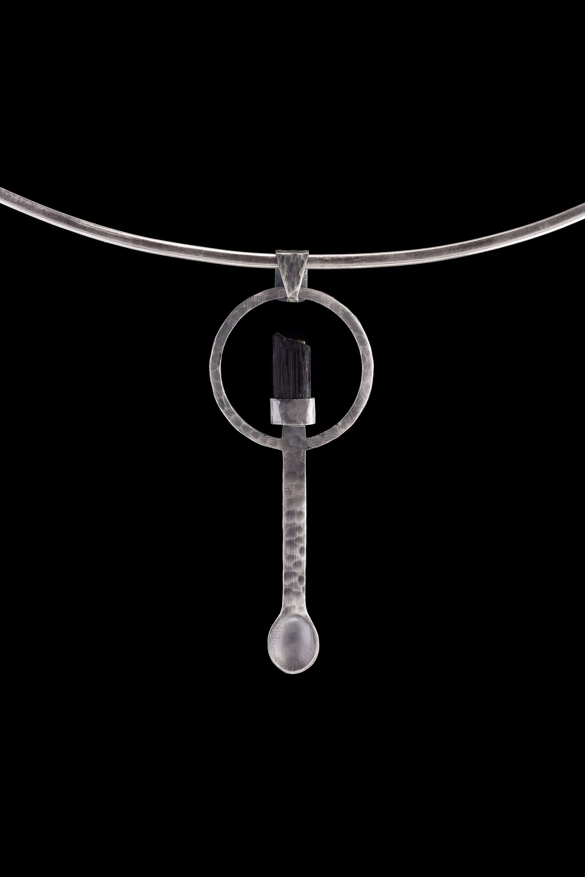 Black Tourmaline - Small Spice / Ceremonial Spoon - Solid 925 Cast Silver - Unique Hammer Textured - Crystal Pendant Necklace