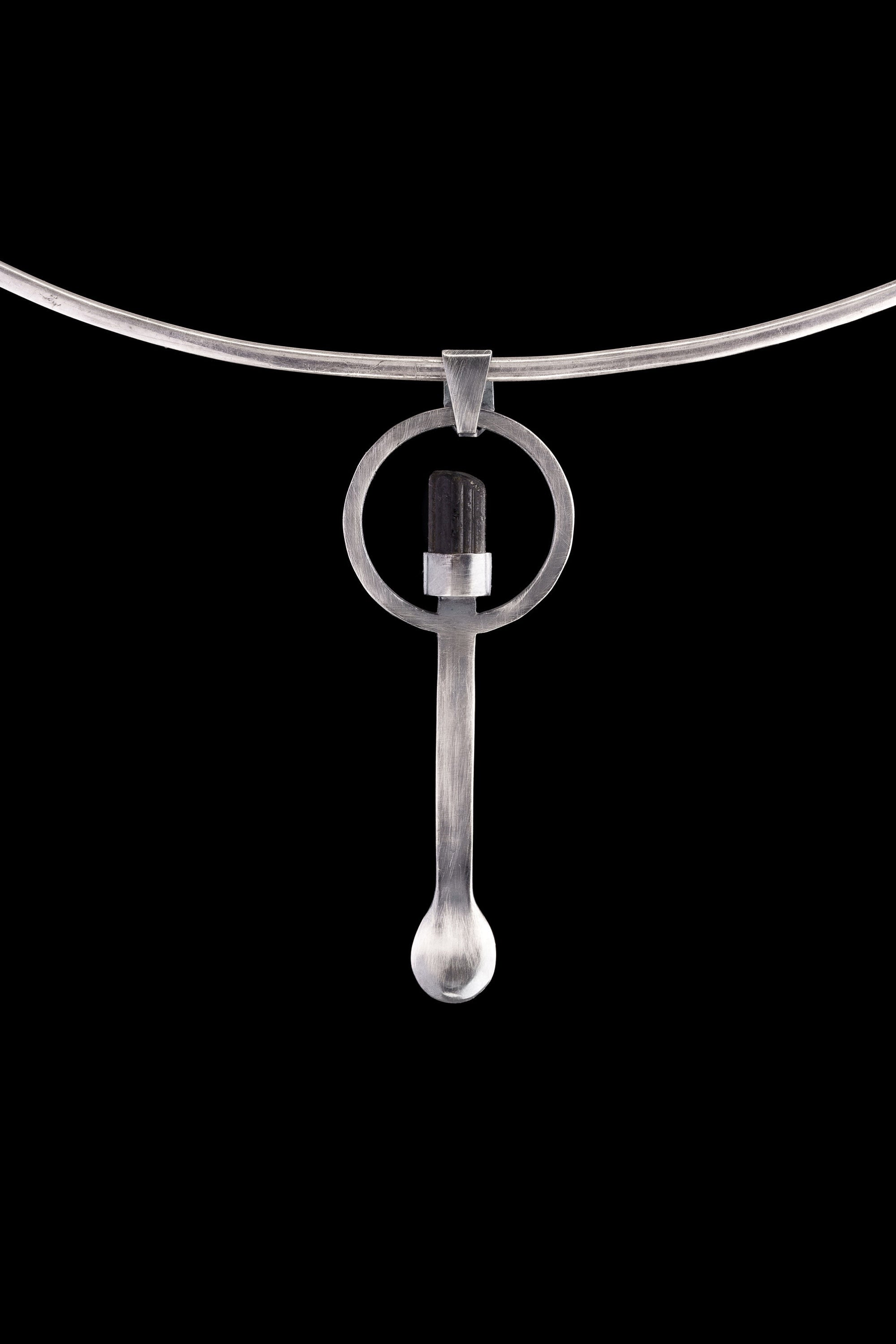 Black Tourmaline - Small Spice / Ceremonial Spoon - Solid 925 Cast Silver - Oxidised & Brush Textured - Crystal Pendant Necklace