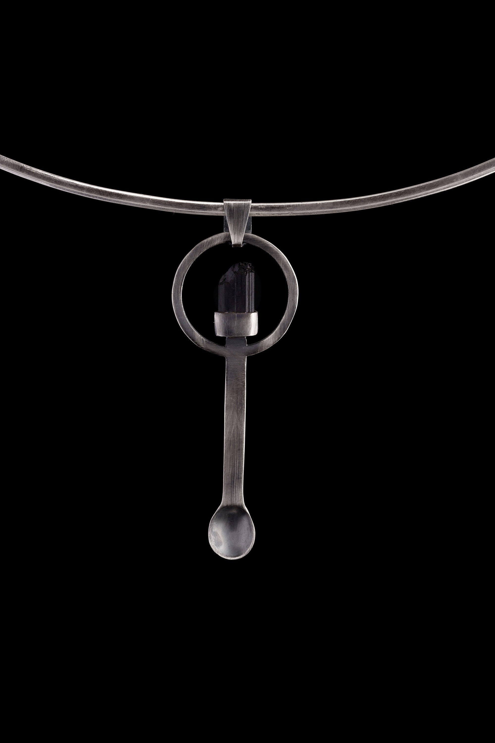 Black Tourmaline - Small Spice / Ceremonial Spoon - Solid 925 Cast Silver - Oxidised Brush Textured - Crystal Pendant Necklace