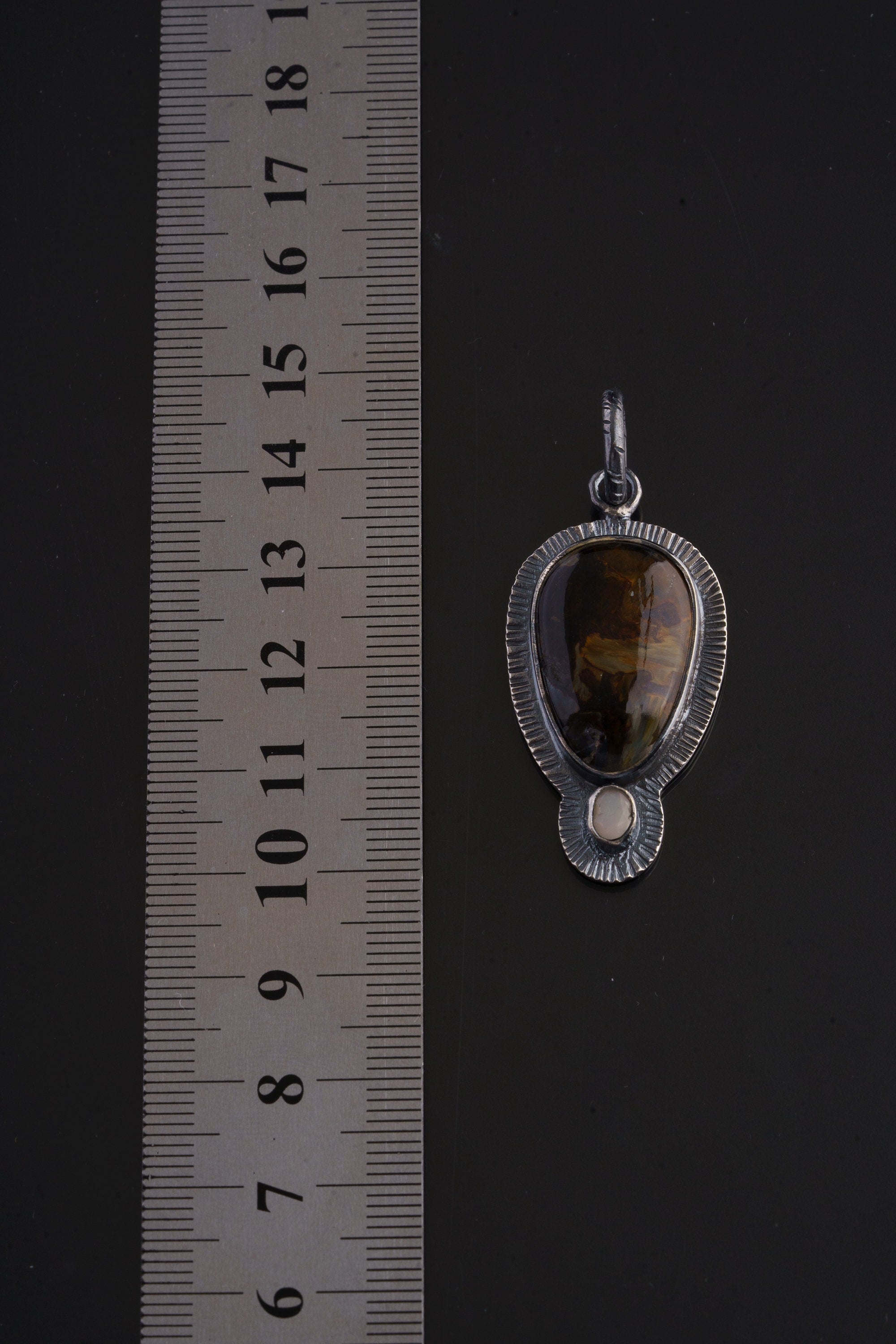 Earthen Resonance - Pietersite and Fiery Ethiopian Opal Pendant - Oxidised Sterling Silver with Sun Ray Details