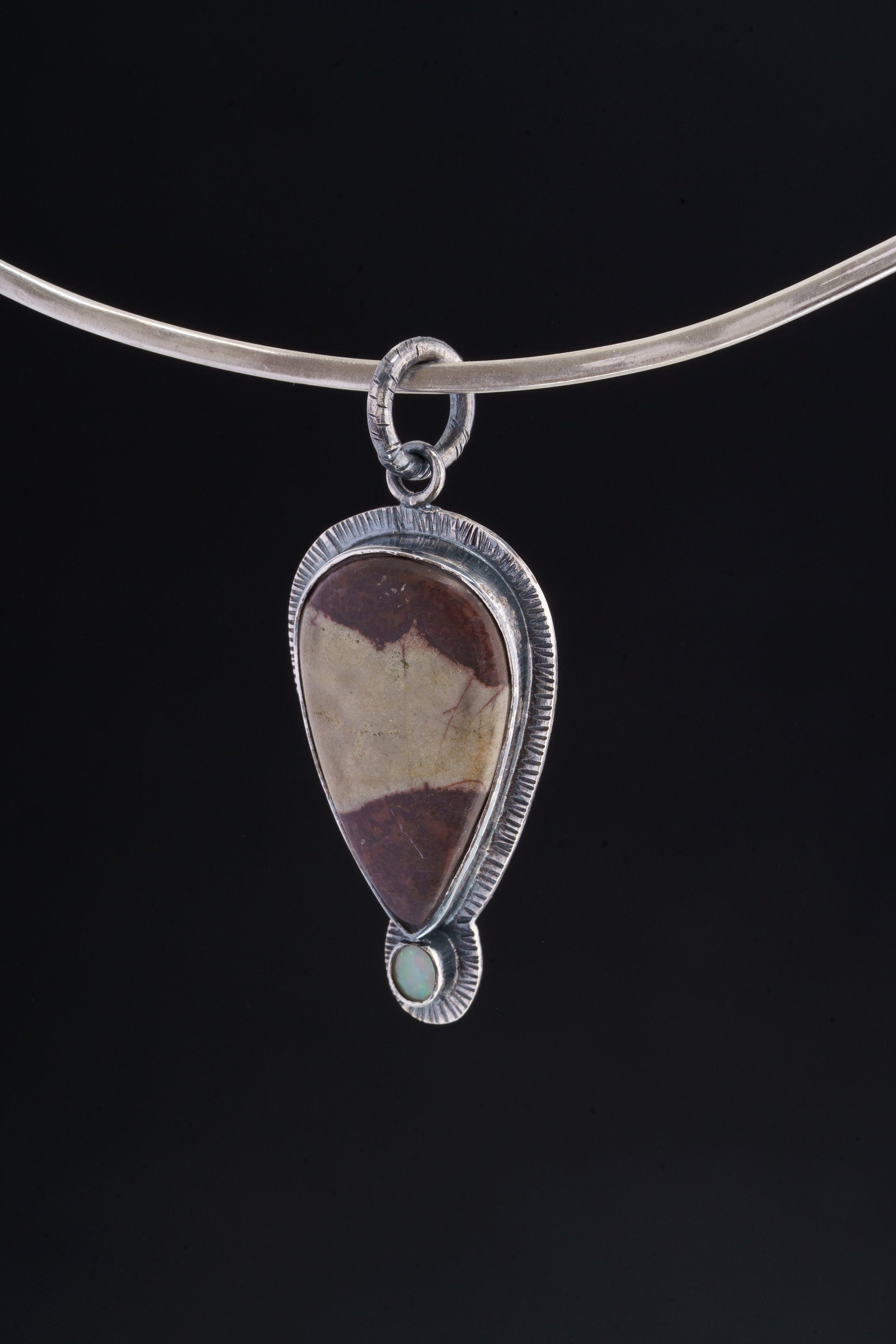 Nature's Duet - Grounding Australian Mookaite and Fiery Ethiopian Opal Pendant - Oxidised Sterling Silver with Sun Ray Details