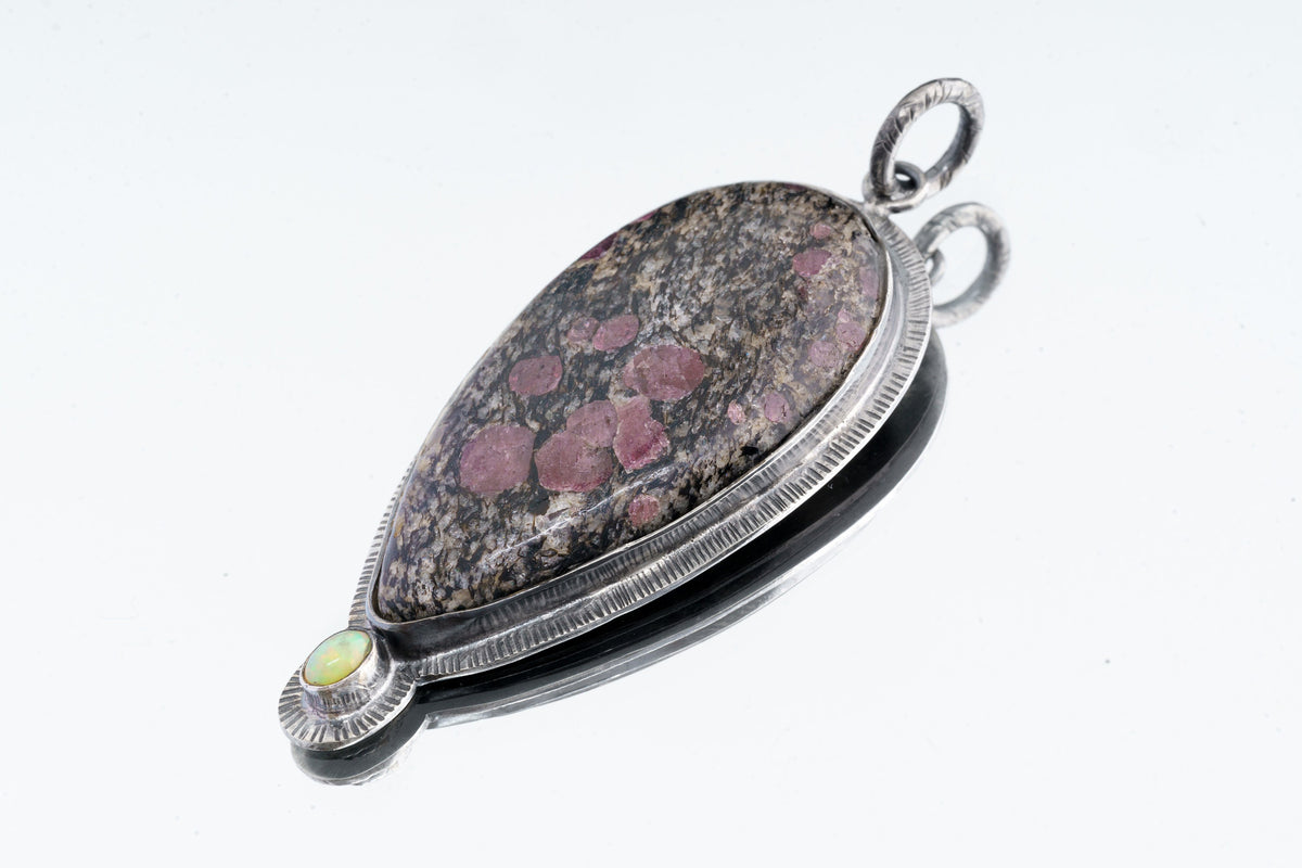 Matrix Marvel - Stunning Balsa Ruby in Black Matrix and Faceted Ethiopian Opal Pendant - Oxidised Sterling Silver with Sun Ray Details