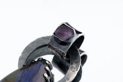 The Mystical Heirloom: Blue Labradorite and Raw Amethyst - Oxidised Hammered Sterling Silver - Claw Set Pendant