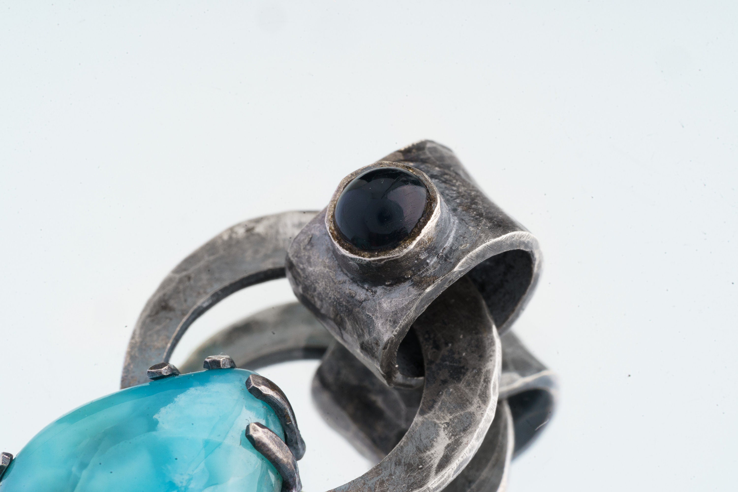 The Celestial Harmony: Larimar & Blue Moonstone - Oxidised Hammered Sterling Silver - Claw Set Pendant