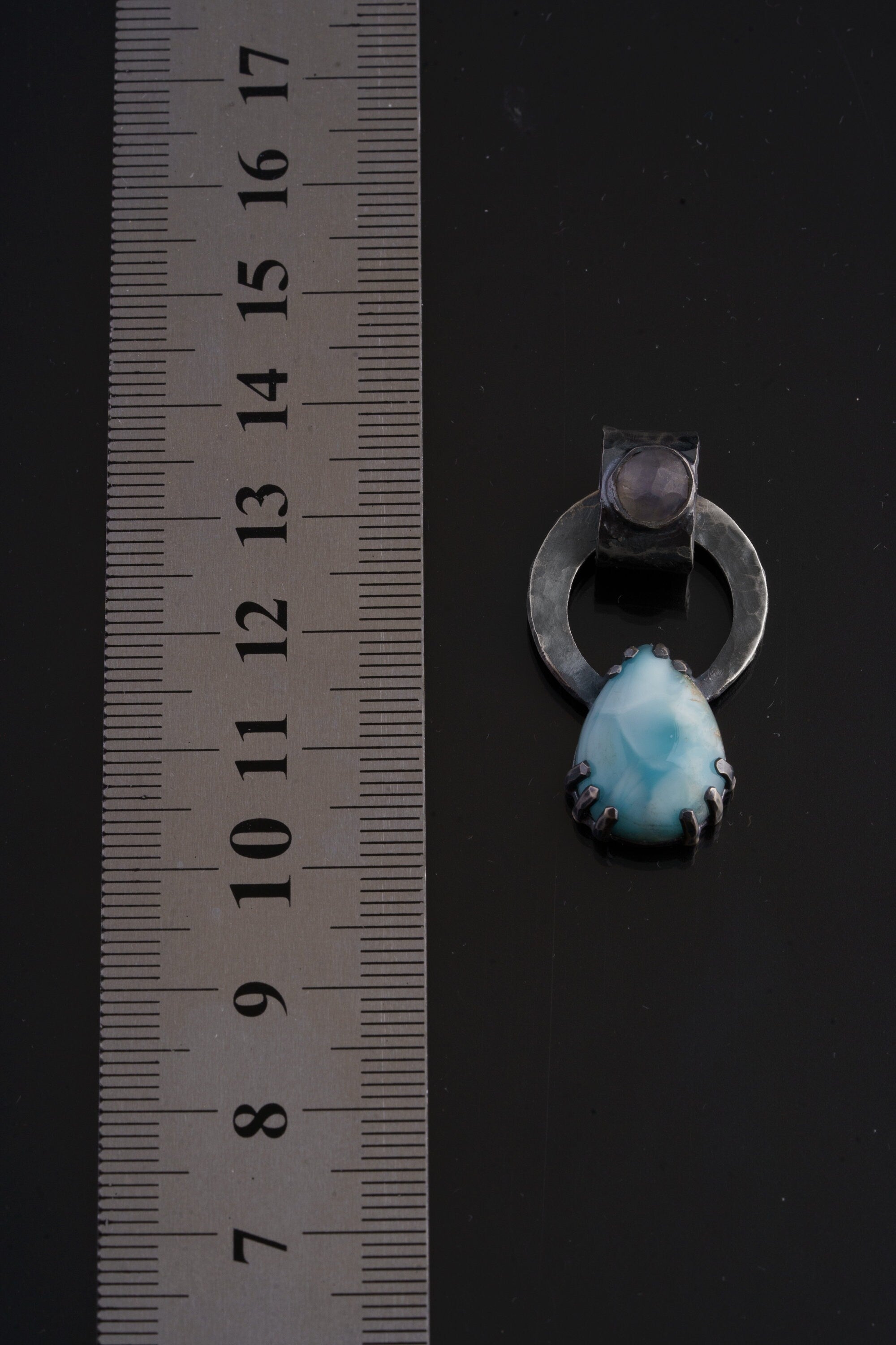 The Ethereal Guardian: Larimar & Blue Moonstone - Oxidised Hammered Sterling Silver - Claw Set Pendant