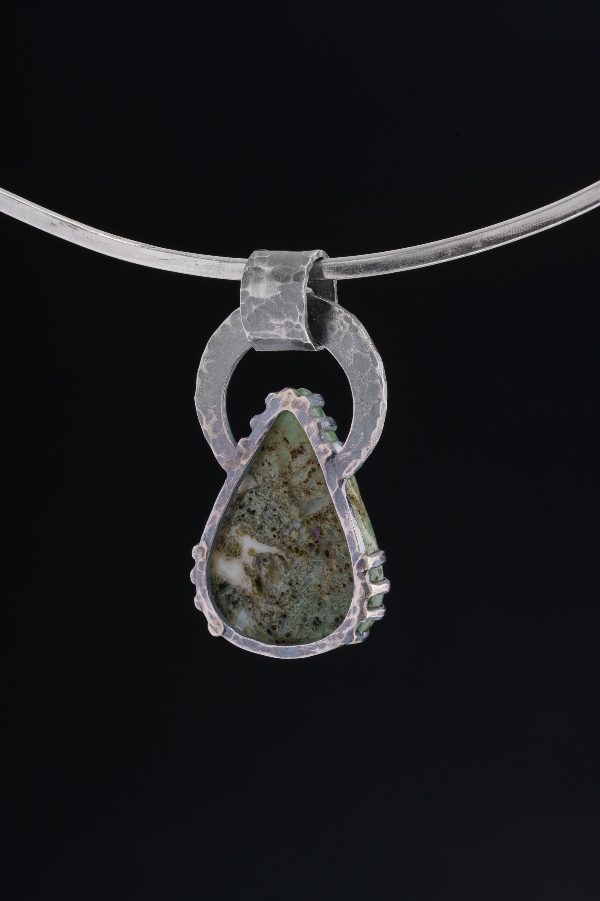 The Mystic Legacy: Moss Agate & Cat Eye Moonstone - Oxidised Hammered Sterling Silver - Claw Set Pendant