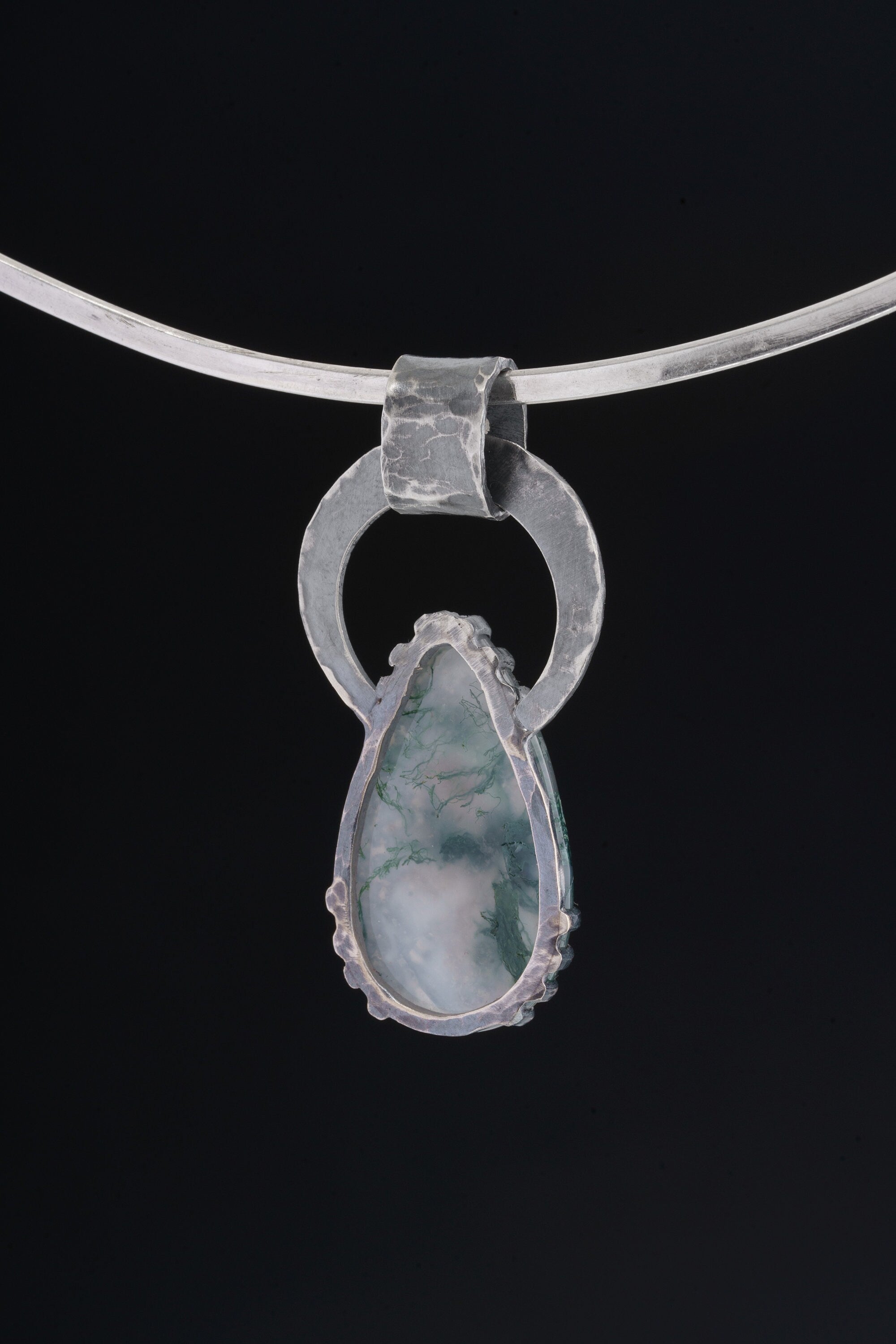 The Mystic Legacy: Moss Agate & Blue Moonstone - Oxidised Hammered Sterling Silver - Claw Set Pendant