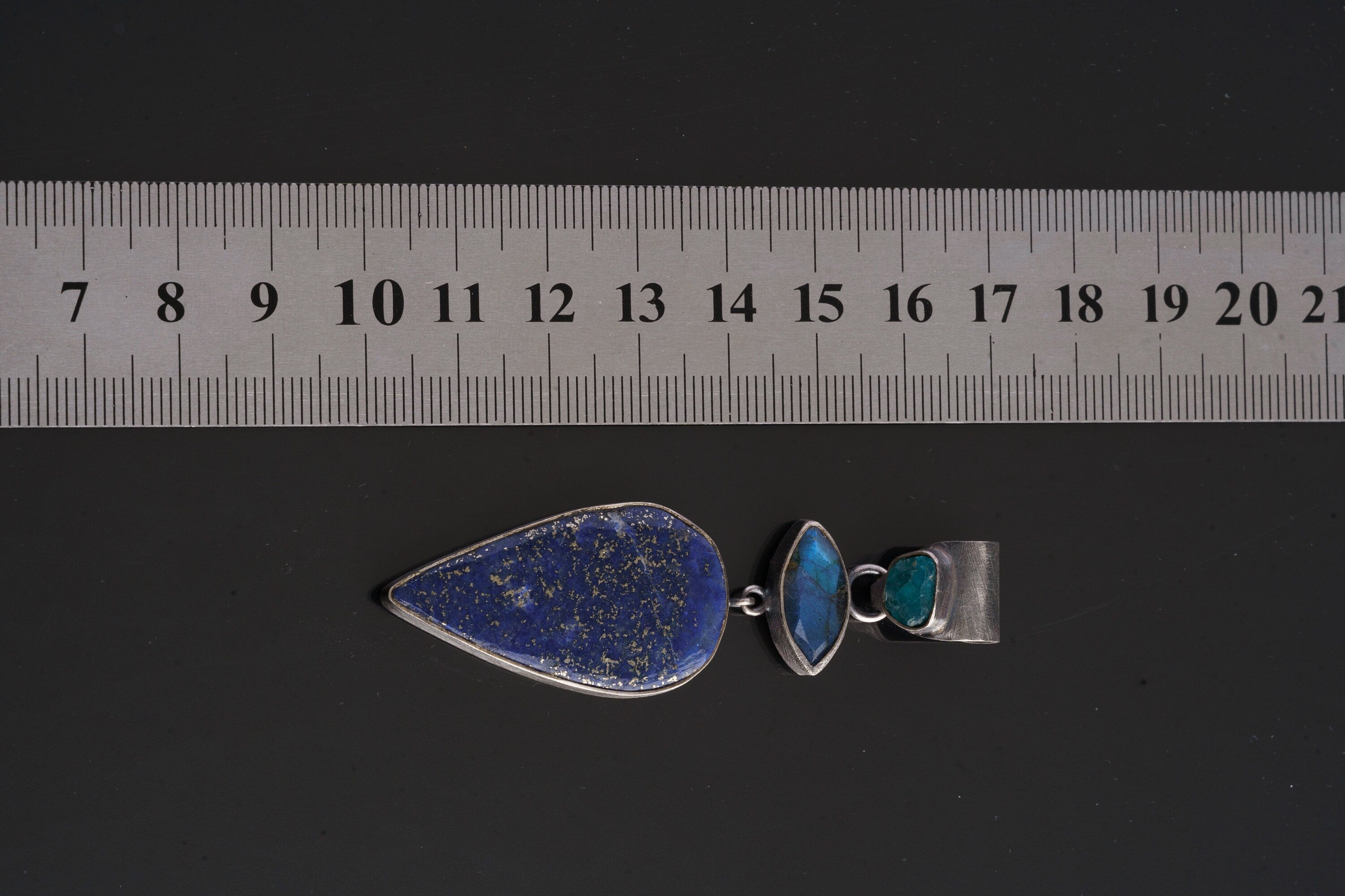 The Cerulean Oracle: Raw Gem Apatite, Blue Labradorite, Old Cut Pyrite Rich Lapis Lazuli - Unique Large Sterling Silver Crystal Pendant