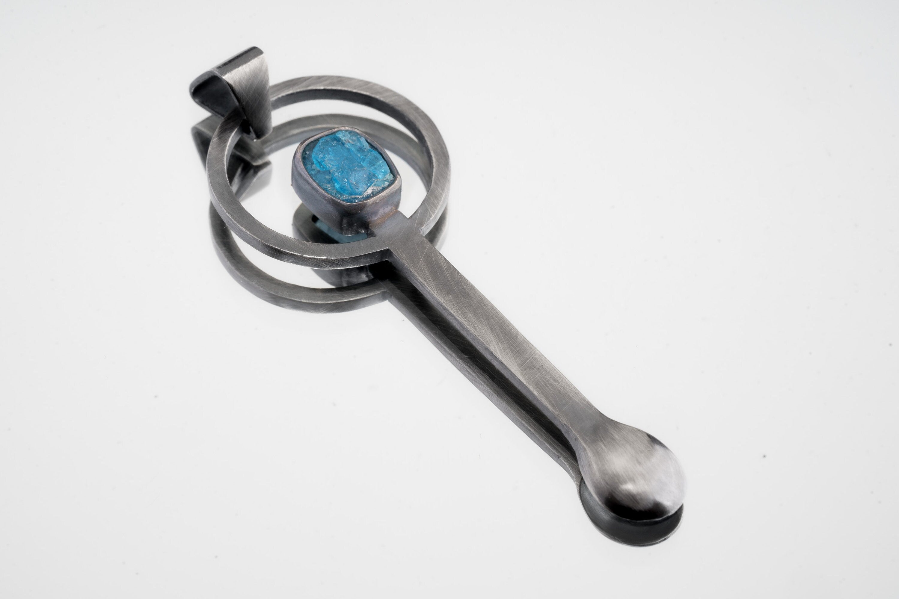 Rough Blue Gem Apatite - Spice / Ceremonial Spoon - 925 Cast Silver - Oxidised Bush Texture - Crystal Pendant Necklace