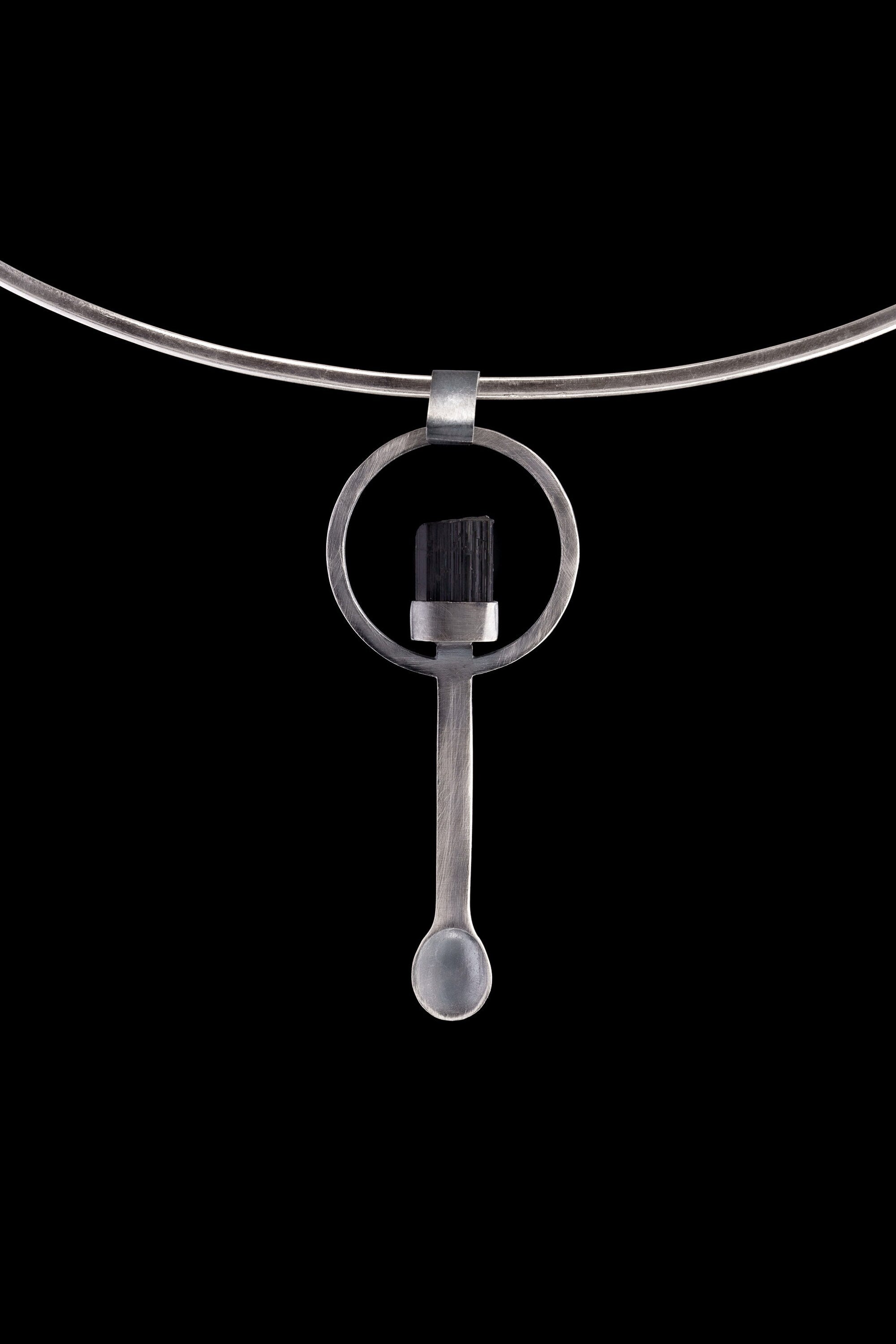 Chunkty Natural Black Tourmaline Stick - Ceremonial Spoon - Solid 925 Cast Silver - Unique Brush Textured - Crystal Pendant Necklace