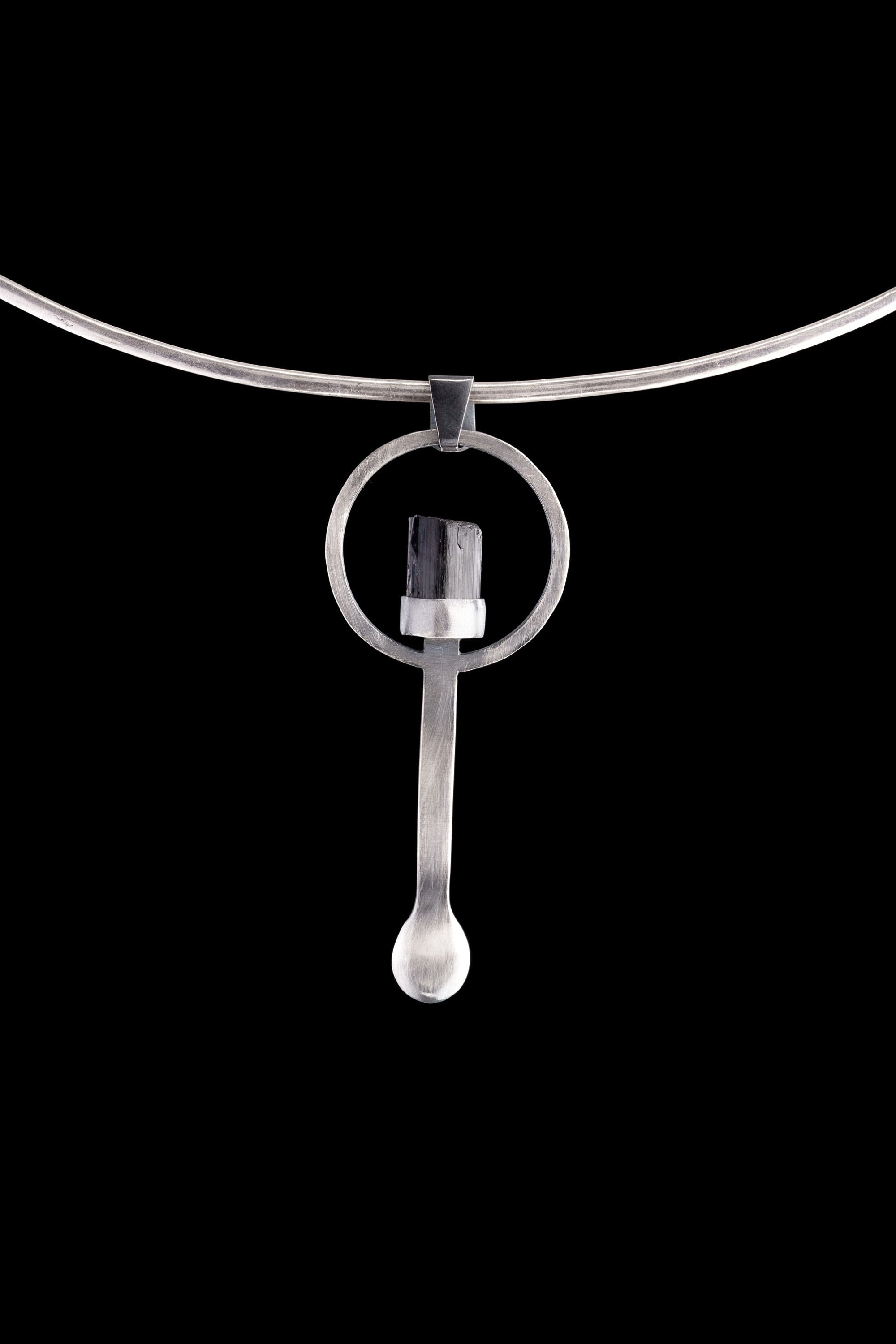 Chunkty Natural Black Tourmaline Stick - Ceremonial Spoon - Solid 925 Cast Silver - Unique Brush Textured - Crystal Pendant Necklace