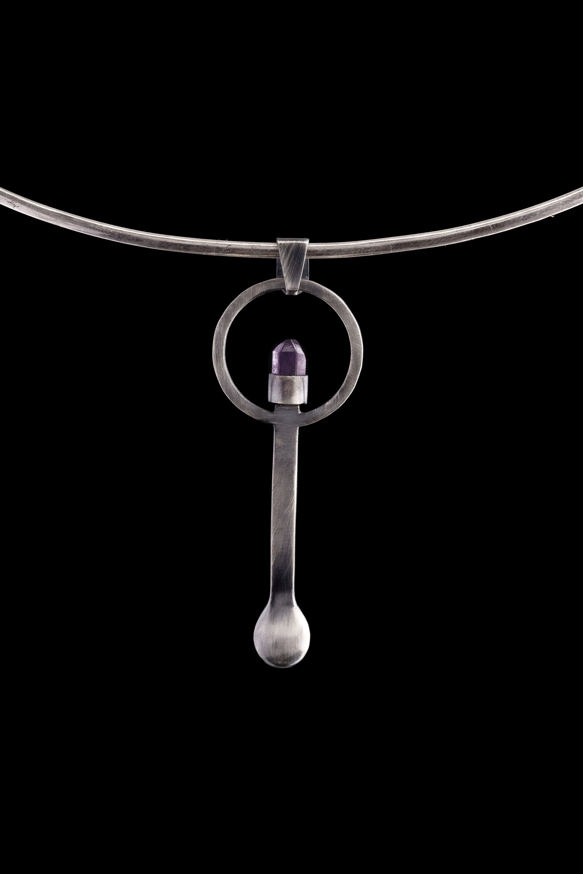 Amethyst Generator Point - Spice / Ceremonial Spoon - 925 Cast Silver - Oxidised Brush and Hammered Textured - Crystal Pendant Necklace