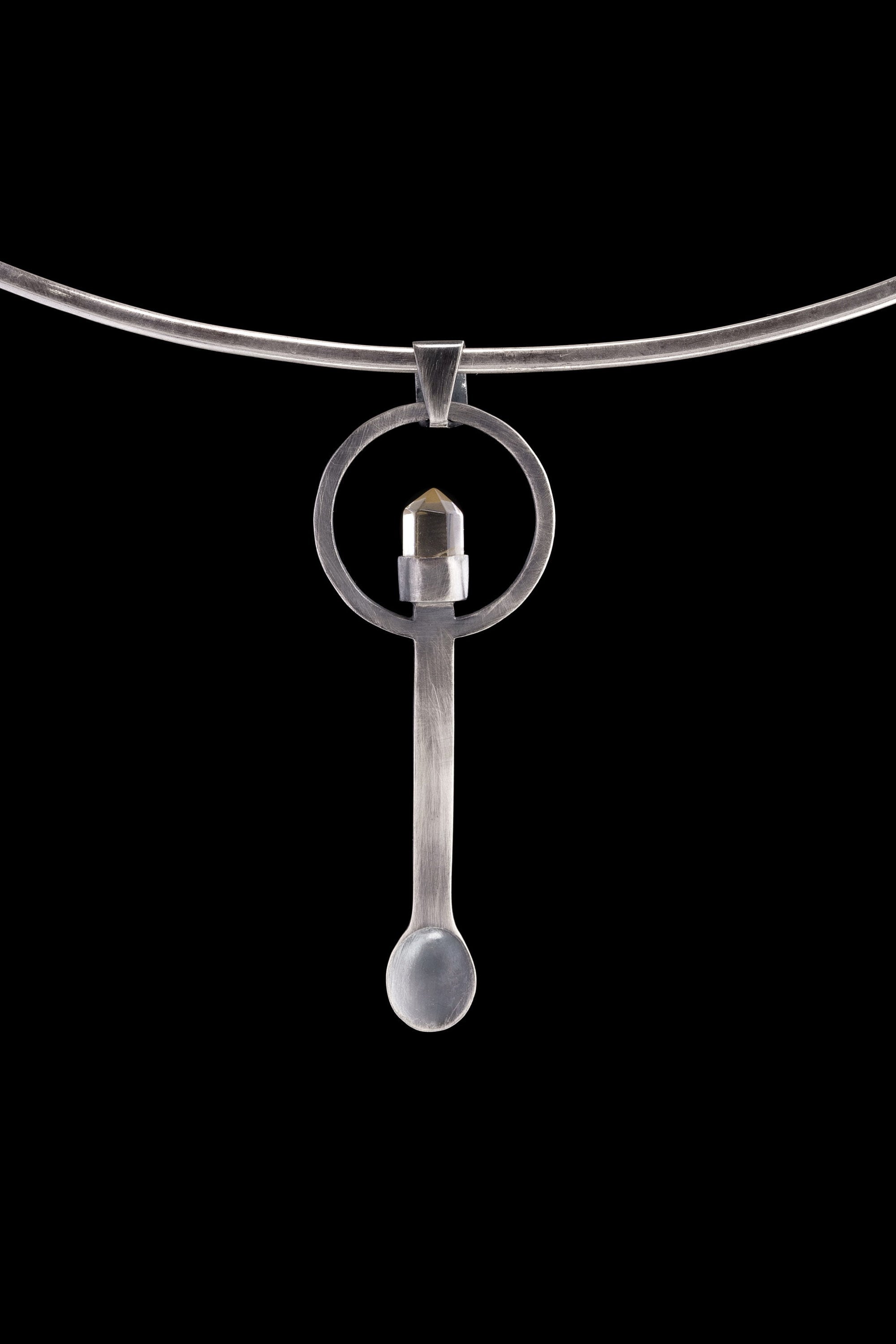 Cut Clear Quartz Generator - Spice / Ceremonial Spoon - 925 Cast Silver - Oxidised & Brush Textured - Crystal Pendant Necklace
