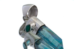Emerald-Eyed Elixir: Aqua Aura Quartz & Eye Shape Faceted Natural Emerald - High Shine Sterling Silver Crystal Pendant NO/5