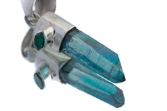 Emerald-Eyed Elixir: Aqua Aura Quartz & Eye Shape Faceted Natural Emerald - High Shine Sterling Silver Crystal Pendant NO/5