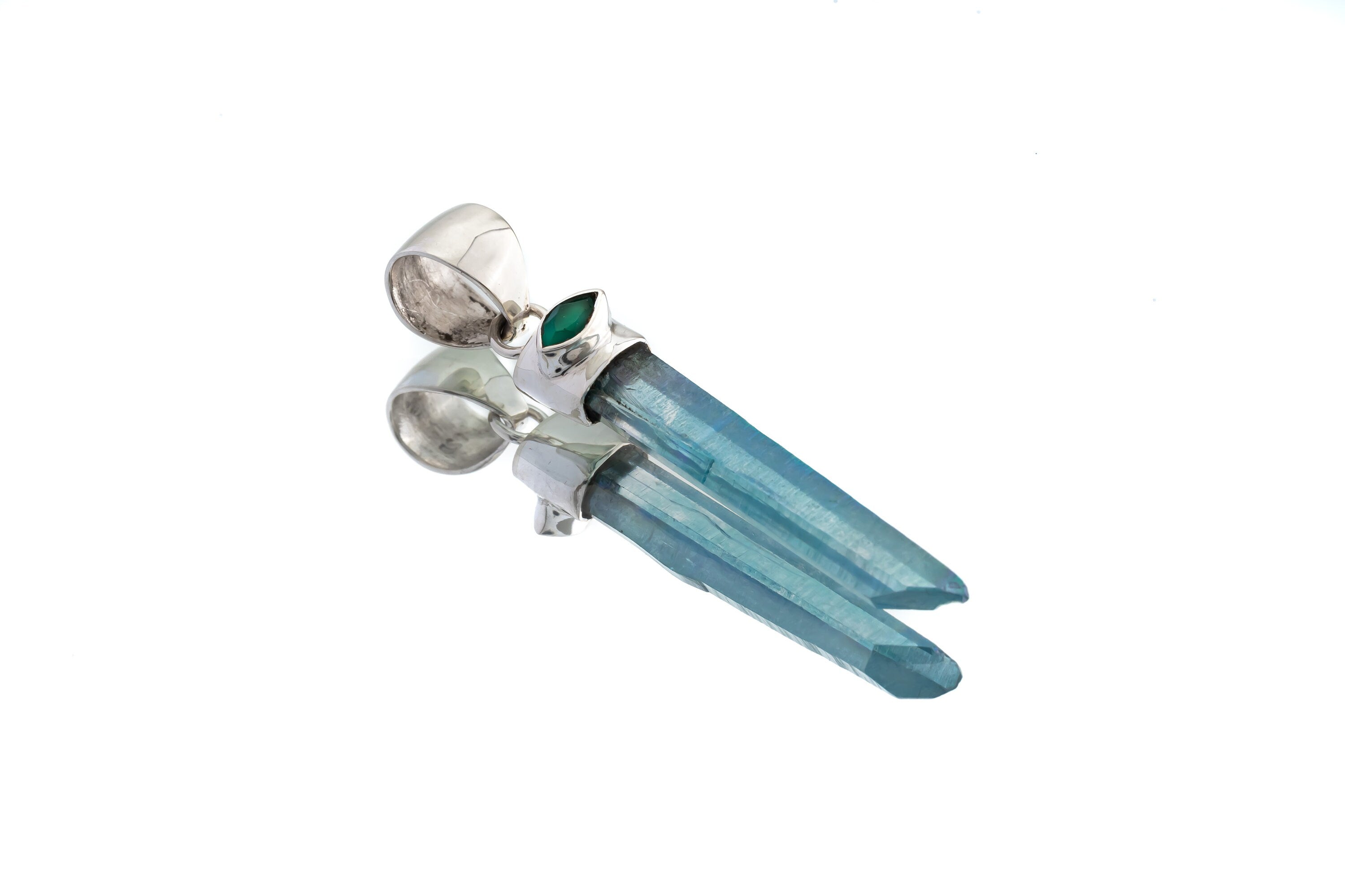 Emerald-Eyed Elixir: Aqua Aura Quartz & Eye Shape Faceted Natural Emerald - High Shine Sterling Silver Crystal Pendant NO/3