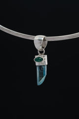 Emerald-Eyed Elixir: Aqua Aura Quartz & Eye Shape Faceted Natural Emerald - High Shine Sterling Silver Crystal Pendant NO/2