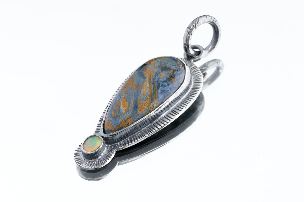 Tempest Horizon - A Stunning Fusion of Pietersite's and Ethiopian Opal Pendant - Oxidised Sterling Silver with Sun Ray Details