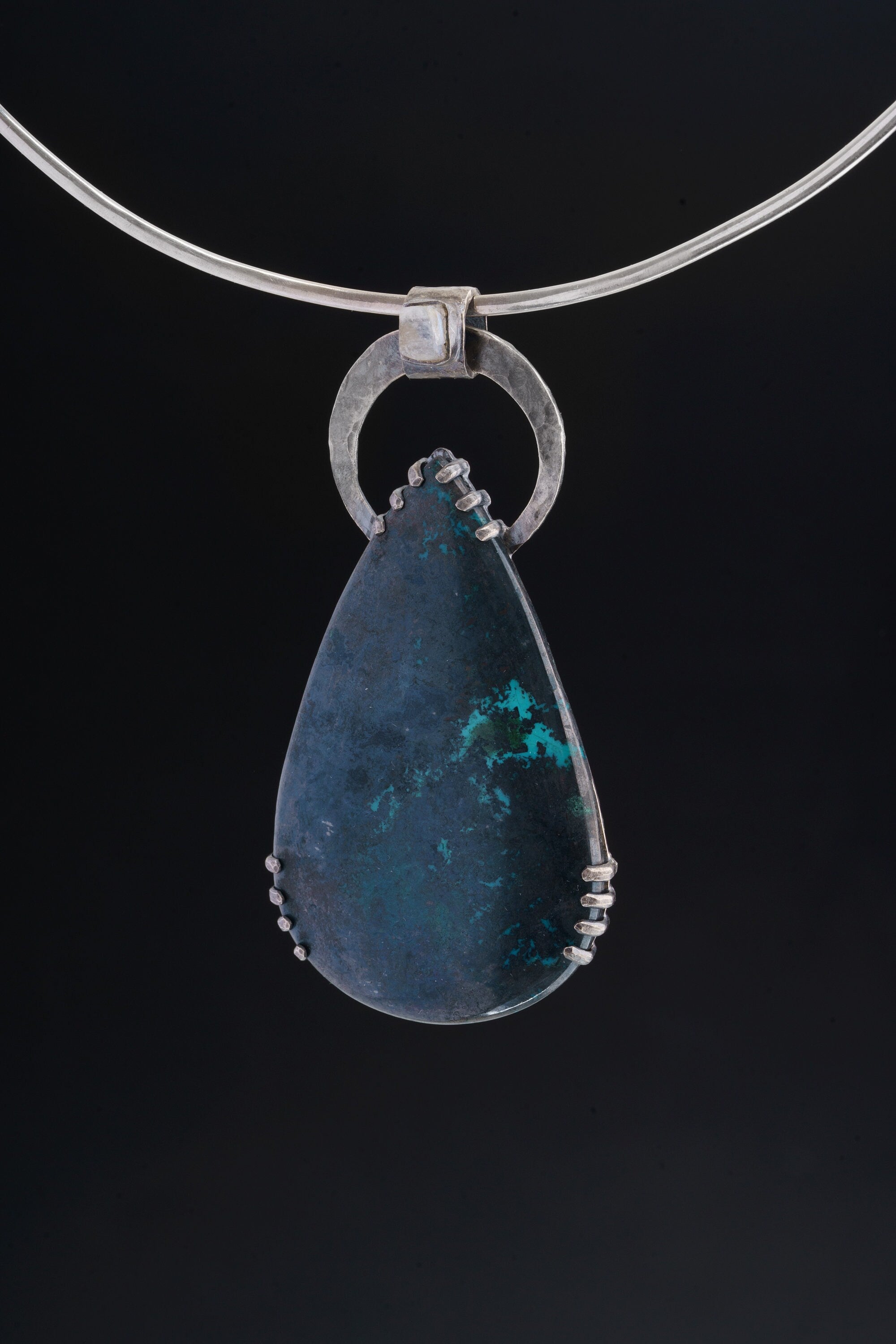 The Elemental Confluence: Azurite with Chrysocolla & Raw Moonstone - Oxidised Hammered Sterling Silver - Claw Set Pendant