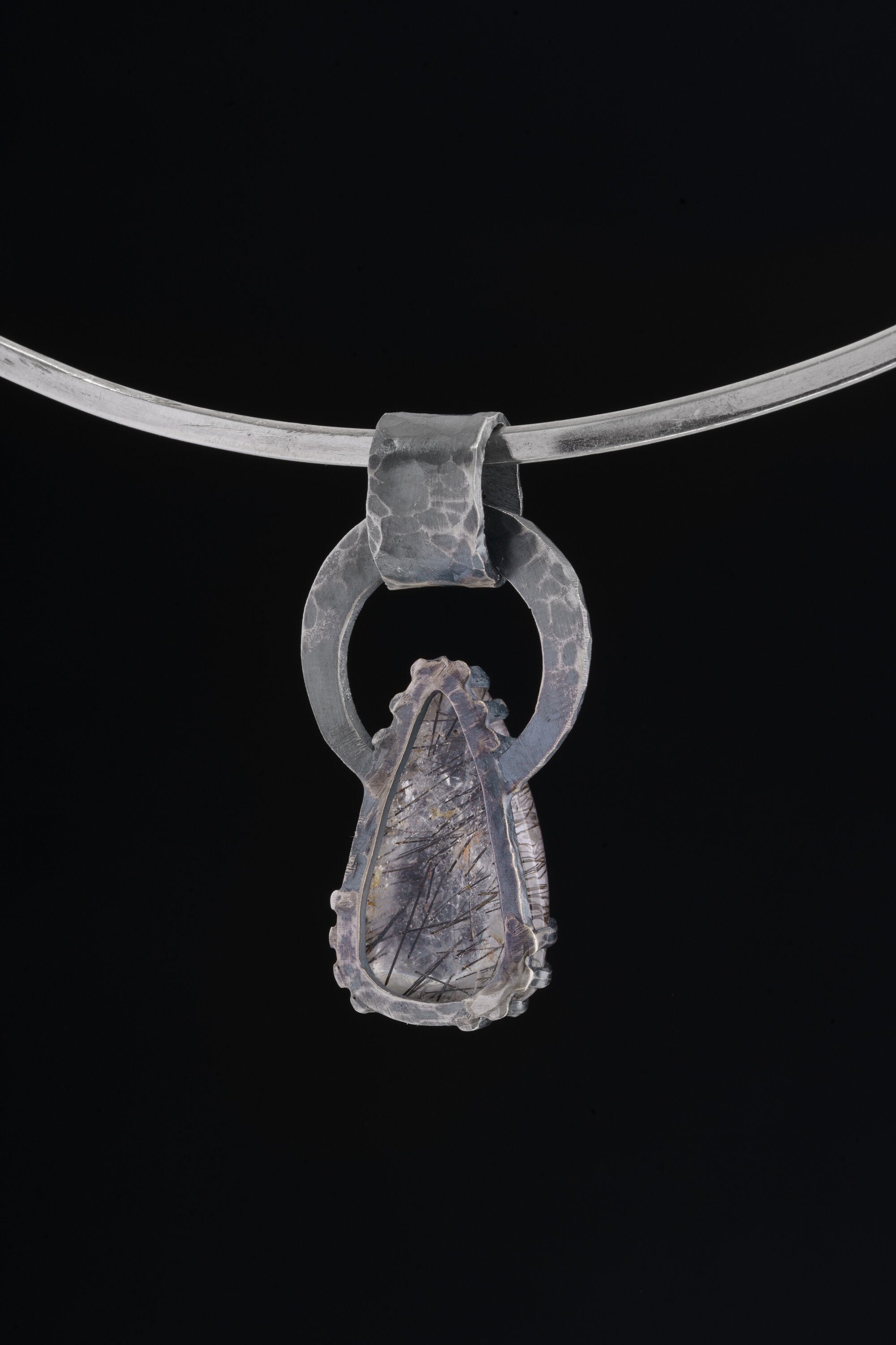 Moonglow Labyrinth: Black Rutile Quartz and Blue Moonstone - Oxidised Hammered Sterling Silver - Claw Set Pendant