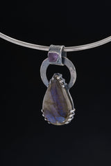 The Mystical Heirloom: Blue Labradorite and Raw Amethyst - Oxidised Hammered Sterling Silver - Claw Set Pendant
