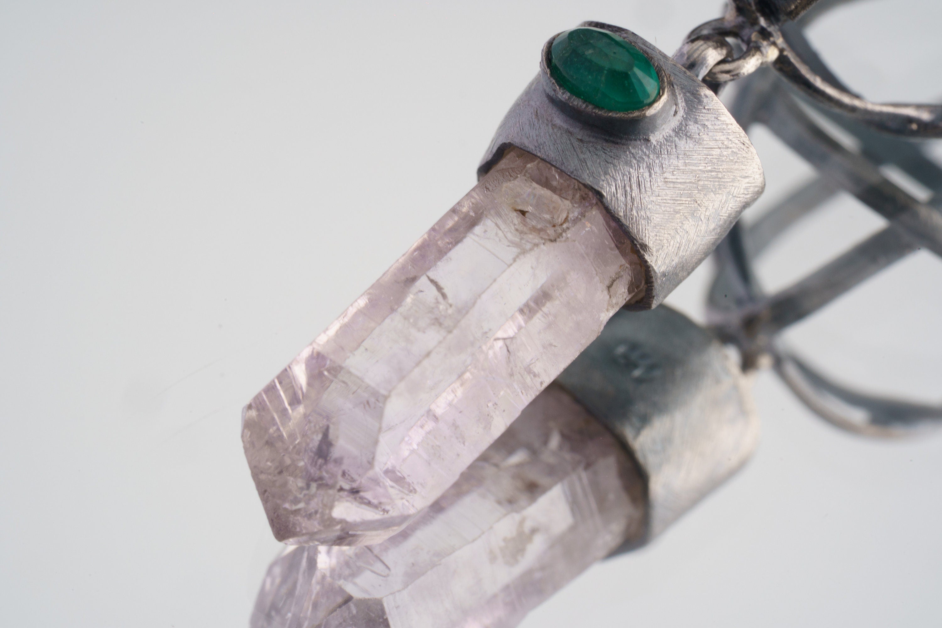 Ethereal Harmony: Vera Cruz Amethyst Point & Eye Shaped Faceted Emerald - Oxidised and Brush Textured - Sterling Silver Pendant
