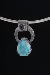 The Celestial Harmony: Larimar & Blue Moonstone - Oxidised Hammered Sterling Silver - Claw Set Pendant