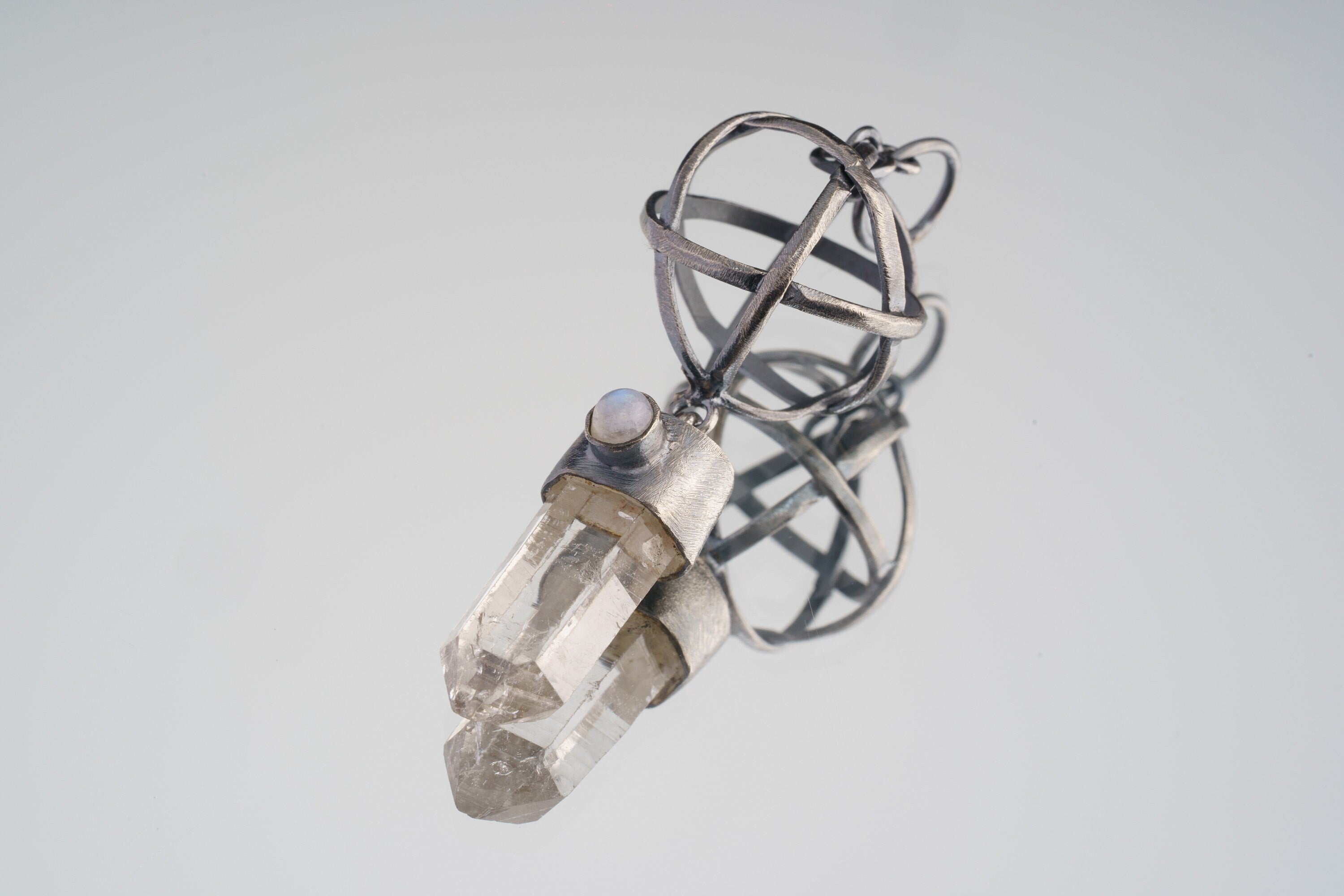 Celestial Harmony: Himalayan Lemurian Quartz Point & Oval Blue Moonstone - Oxidised and Brush Textured - Sterling Silver Pendant