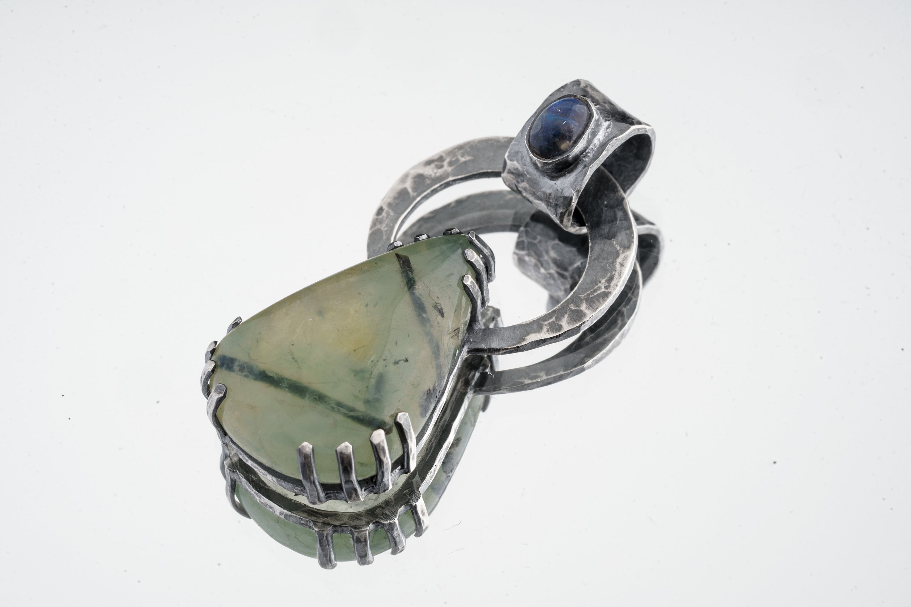 The Moonstone Majesty: Peridot with Black Rutile & Blue Moonstone - Oxidised Hammered Sterling Silver - Claw Set Pendant