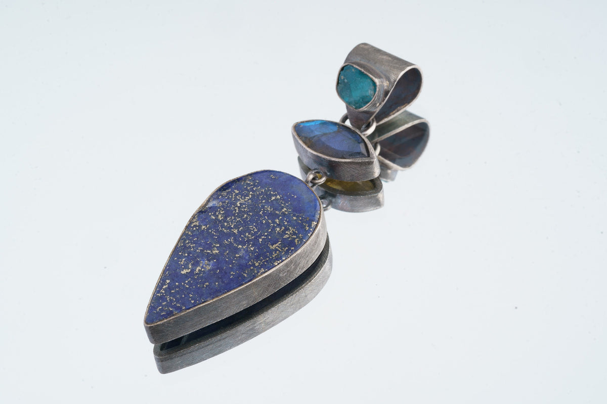 The Cerulean Oracle: Raw Gem Apatite, Blue Labradorite, Old Cut Pyrite Rich Lapis Lazuli - Unique Large Sterling Silver Crystal Pendant
