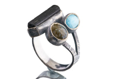Ethereal Trio - Green Tourmaline, Labradorite, and Larimar - Unisex - Size 4-10 US - Large Adjustable Sterling Silver Ring